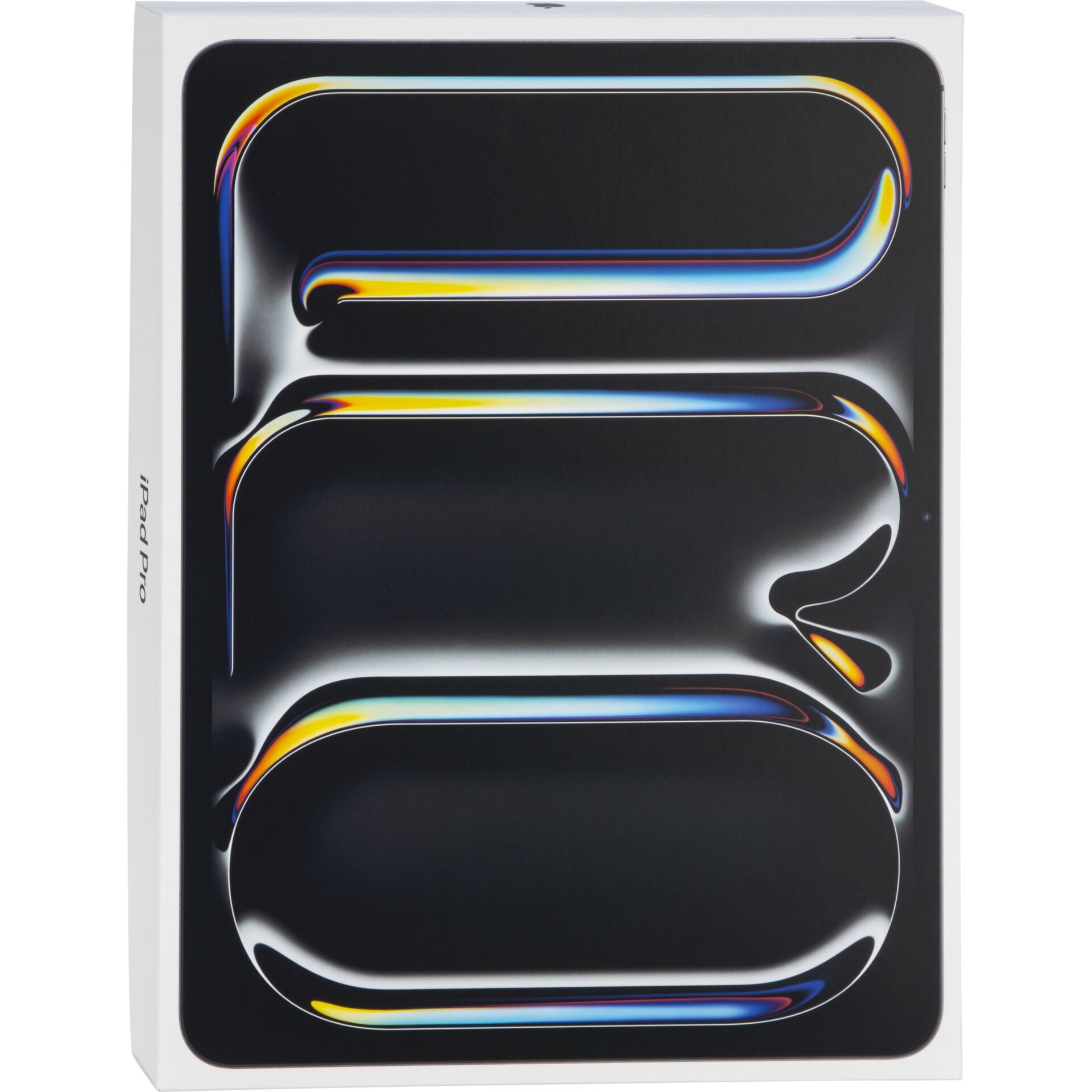 iPad Pro Box, Tablet-Verpackung, schwarzer Bildschirm, abgerundete Ecken, bunte Reflexion