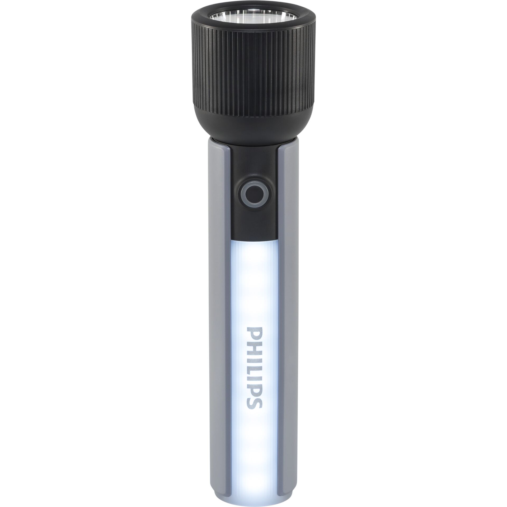 handheld flashlight, led torch, adjustable focus, black gray, phillips brand not visible
