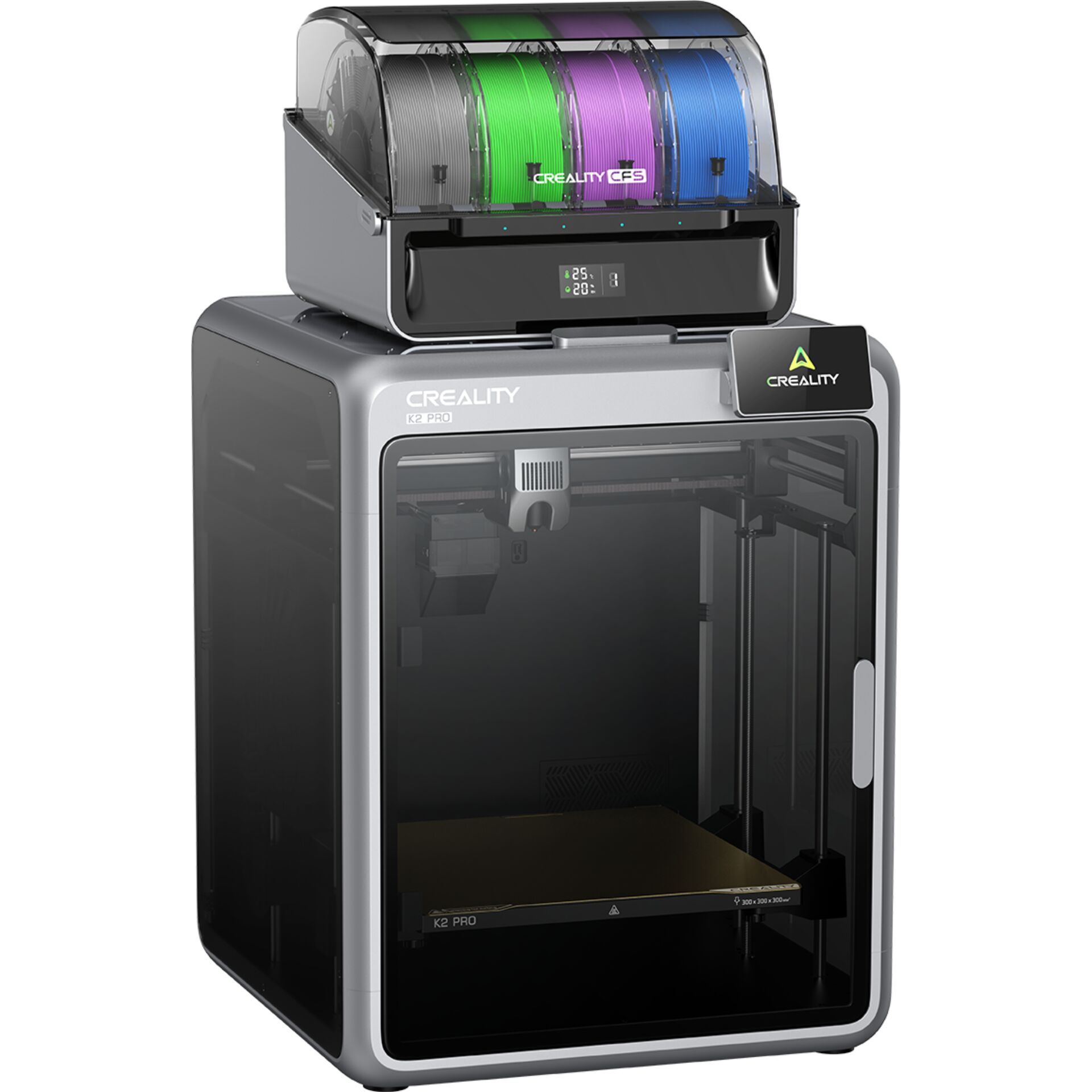 3D-Drucker, FDM-Drucker, Creality, K2 Pro, Präzisionsdrucker, 3D-Drucker, Drucker, Drucker-Setup, Filament-Spulen, CRT-Anzeige