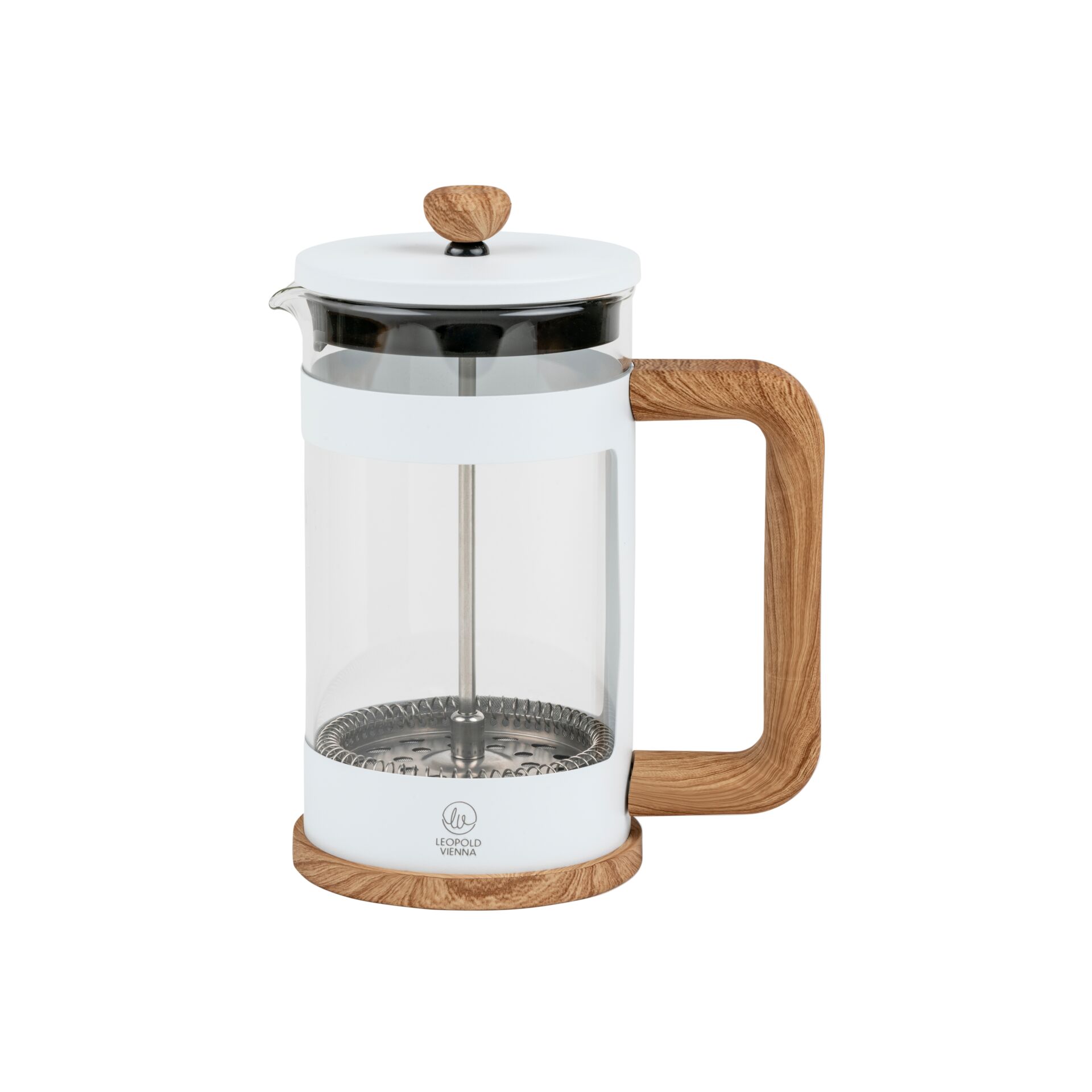 French press, Glass carafe, Holzgriff, Edelstahlstempel, Filterbasis