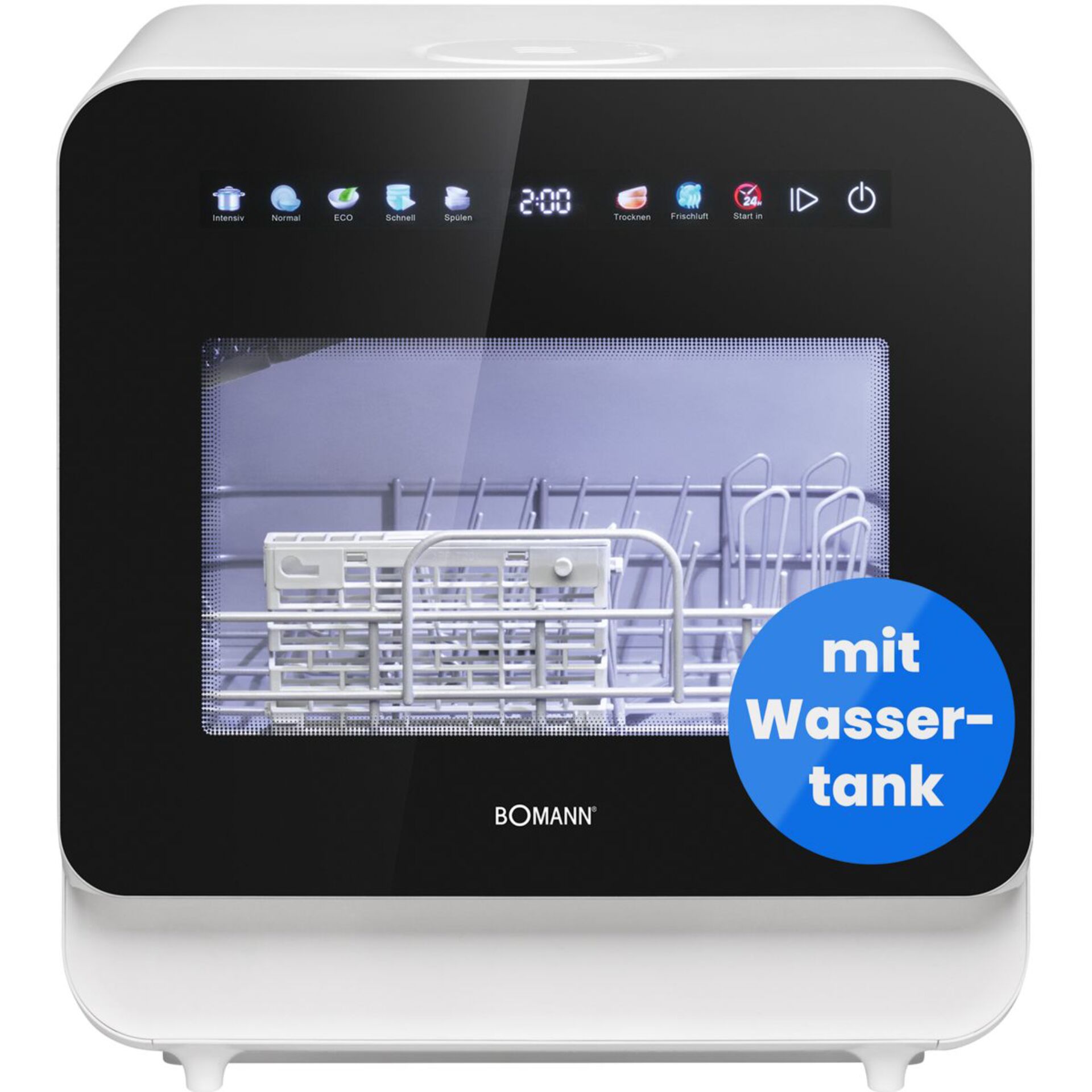 Spülmaschine, Kompaktgerät, Bodenstehend, Integrierter Tank, Schwarzweiß