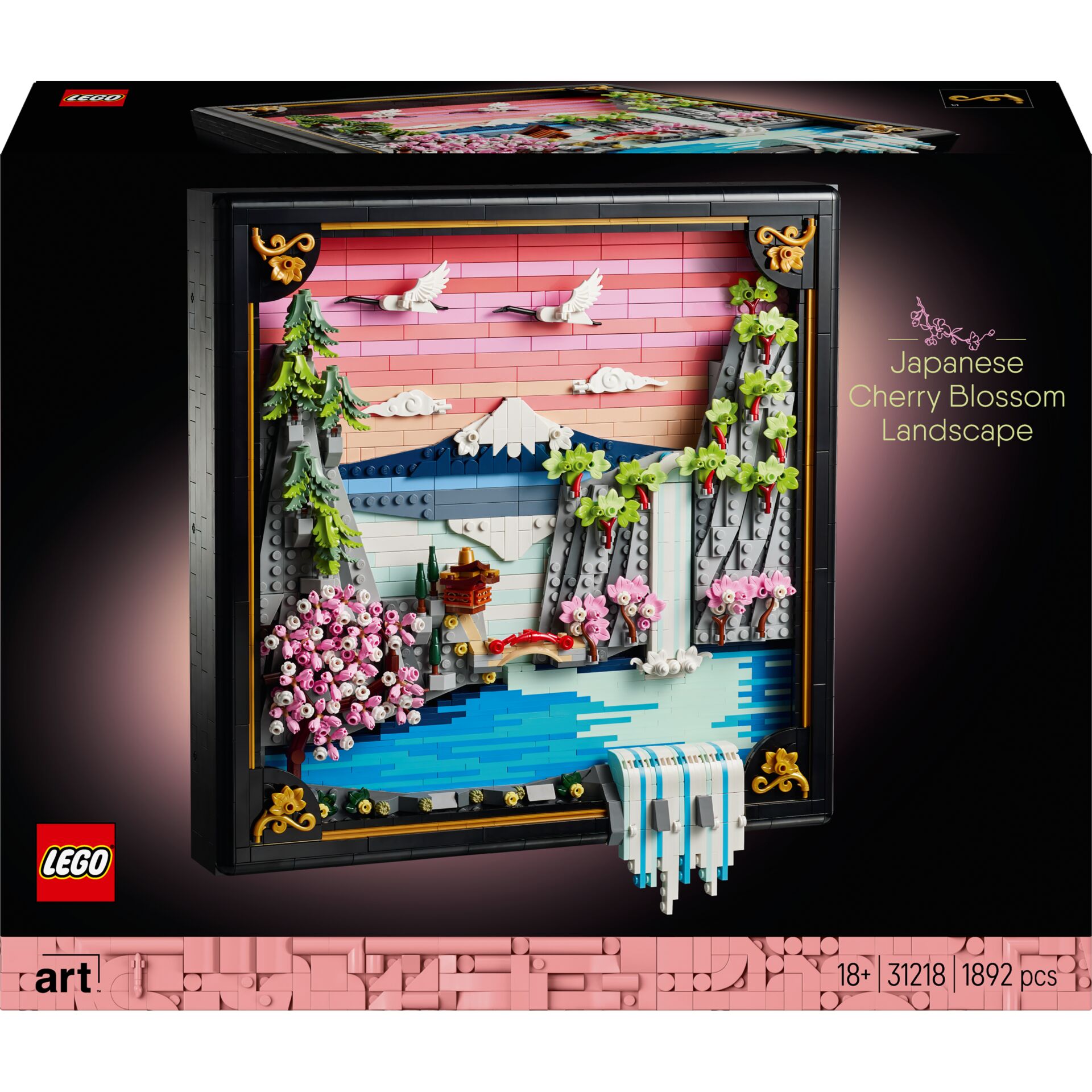 Lego Art, Japanische Kirschblütenlandschaft, 3D Diorama, Bergsee-Szene, rosa Blüten