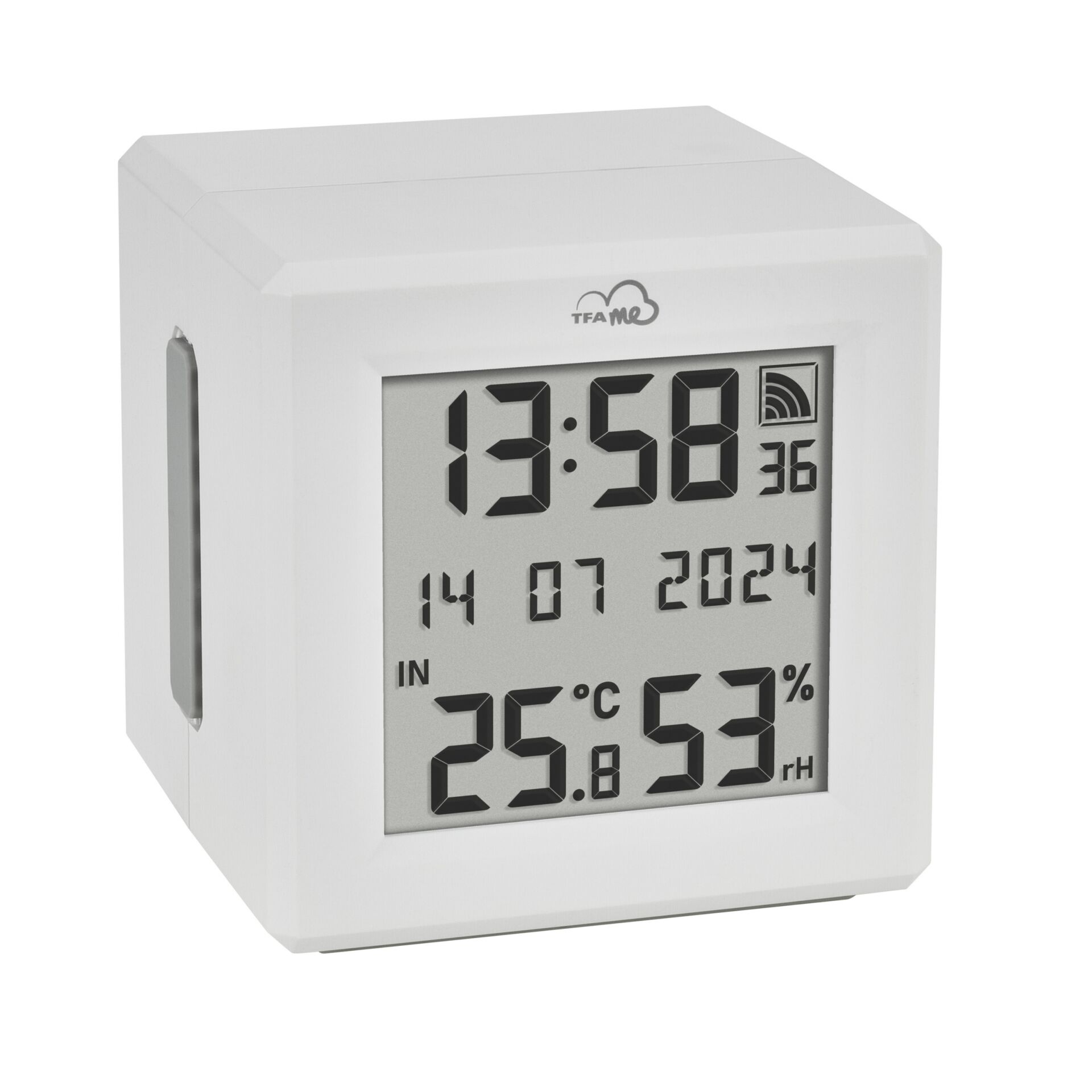 digitaler Uhr, LCD-Anzeige, Wetteruhr, Thermo-Hygro, weißer Würfel