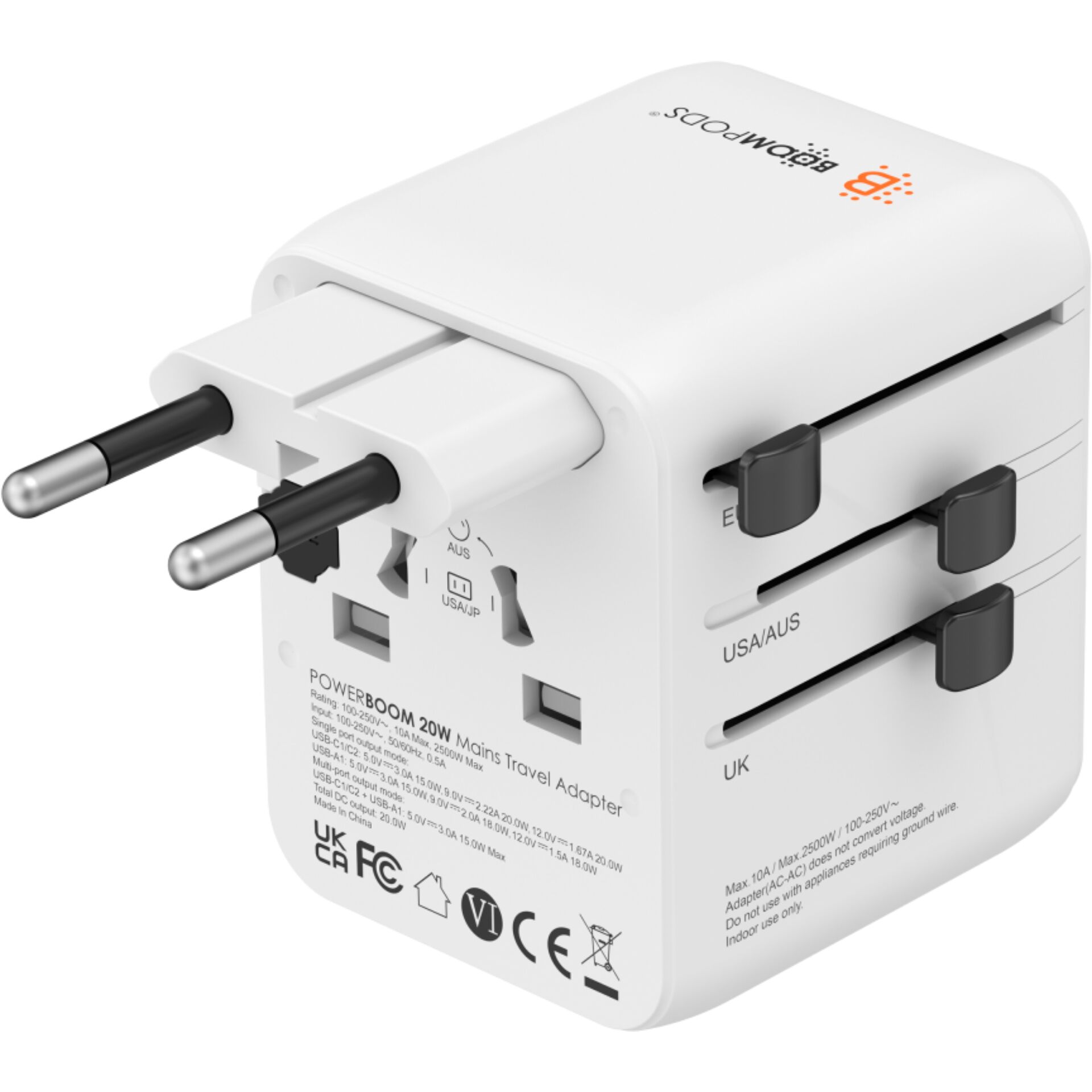 Reiseadapter, UK-Stecker, EU-Stecker, USB-Port, 20W Max