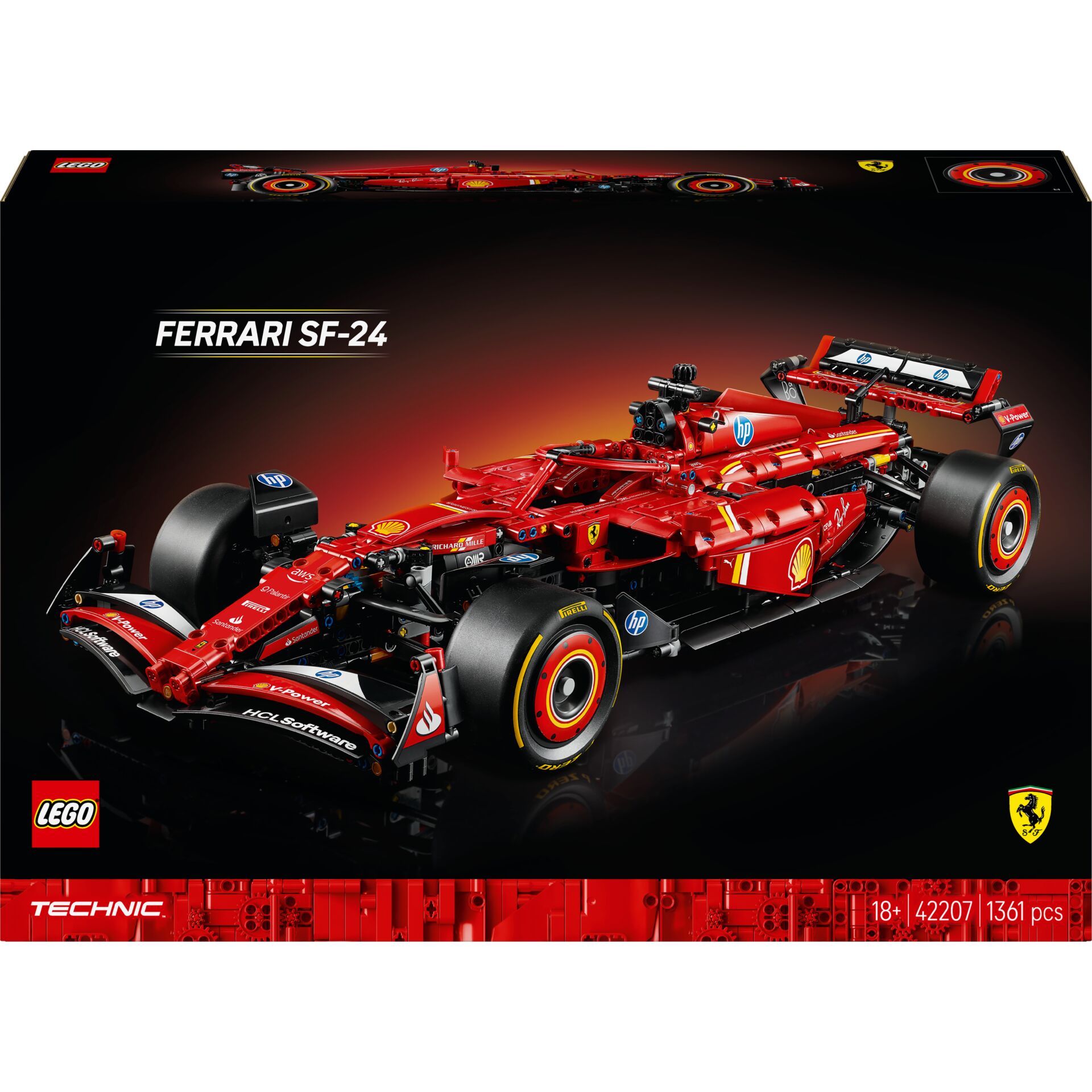 Ferrari SF-24, Formel-1 Auto, LEGO Technic, rotes Modell, Pistonsaufhängung