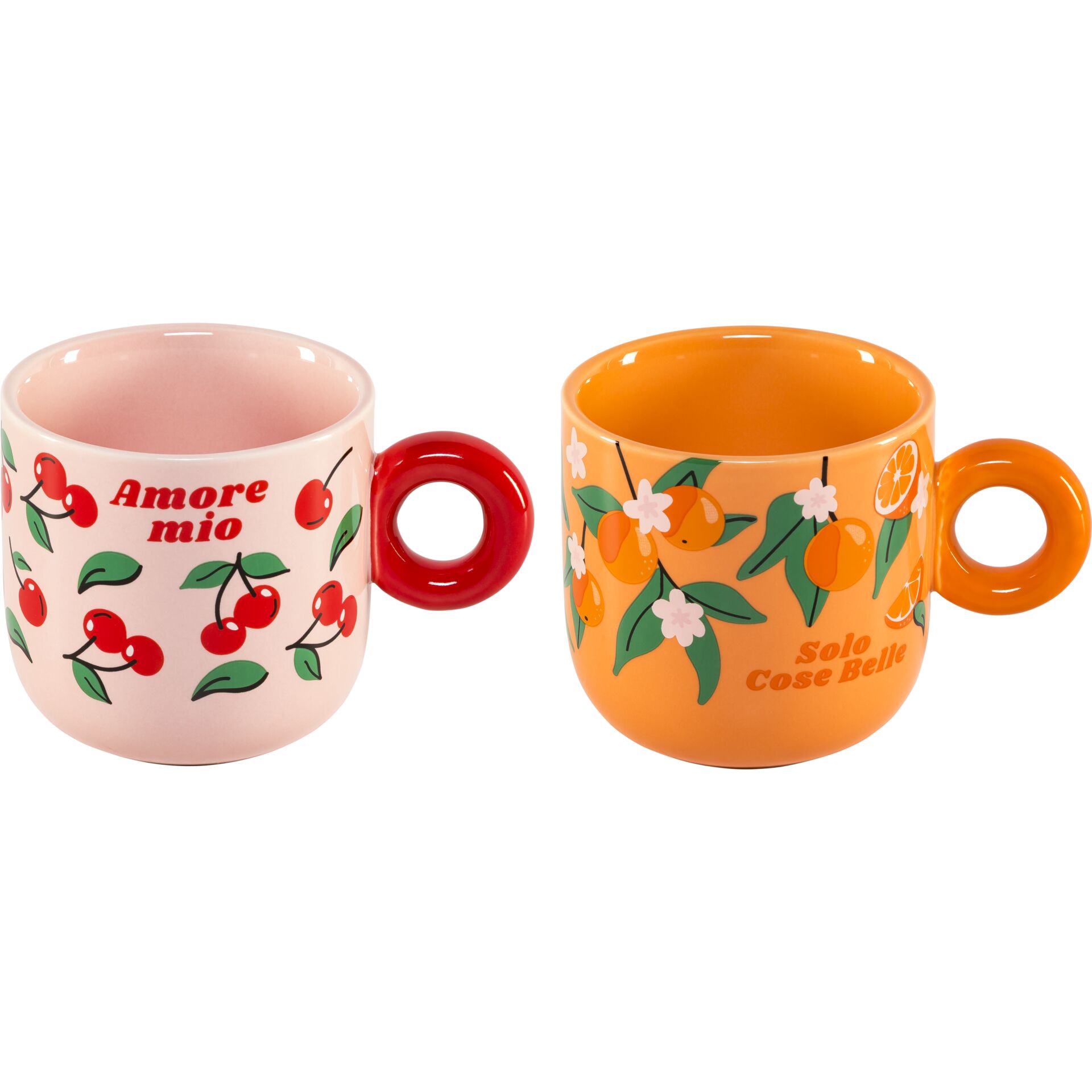 Mug, Kaffeebecher, Kirschen Muster, Orangene Farbe, Hefter-Griff