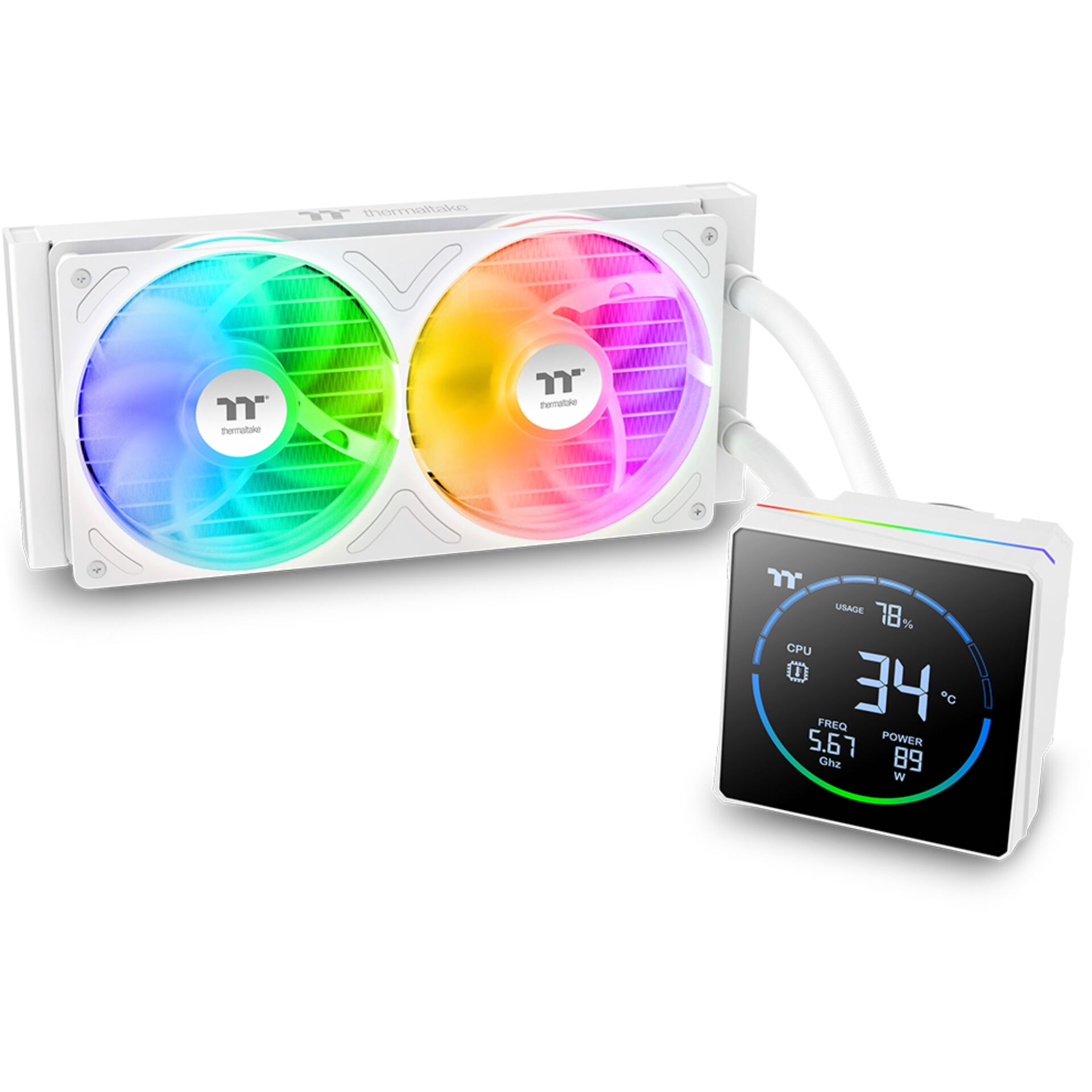 RGB-Kühlung, Flüssigkeitskühler, Doppel-Lüfter, Monitoranzeige, weißer Kühlkörper