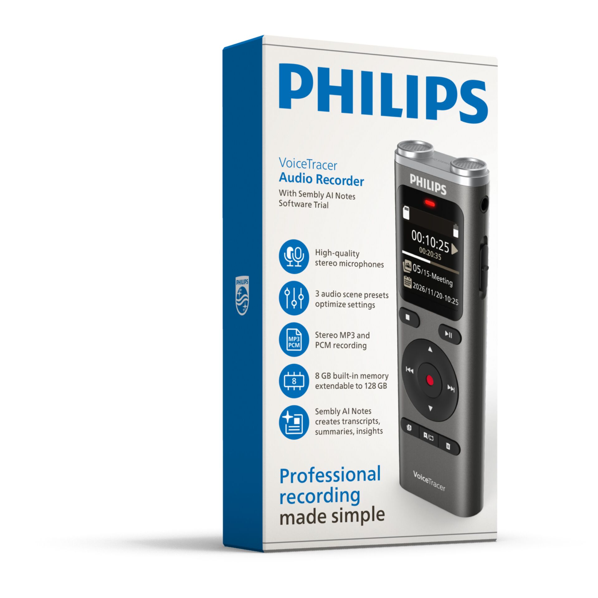 Sprachrekorder, Philips, MP3 PCM, 8 GB Speicher, Stereo-Mikrofone