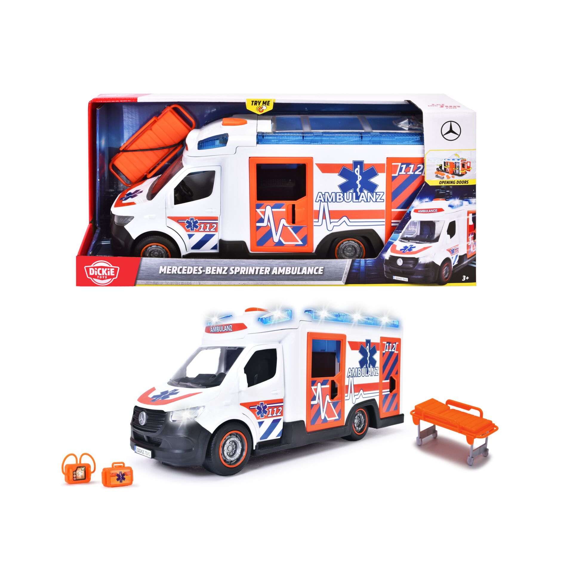 Spielzeug-Notfallwagen, Ambulanz, Mercedes-Benz Sprinter, Tragehilfe, Koffer-Set