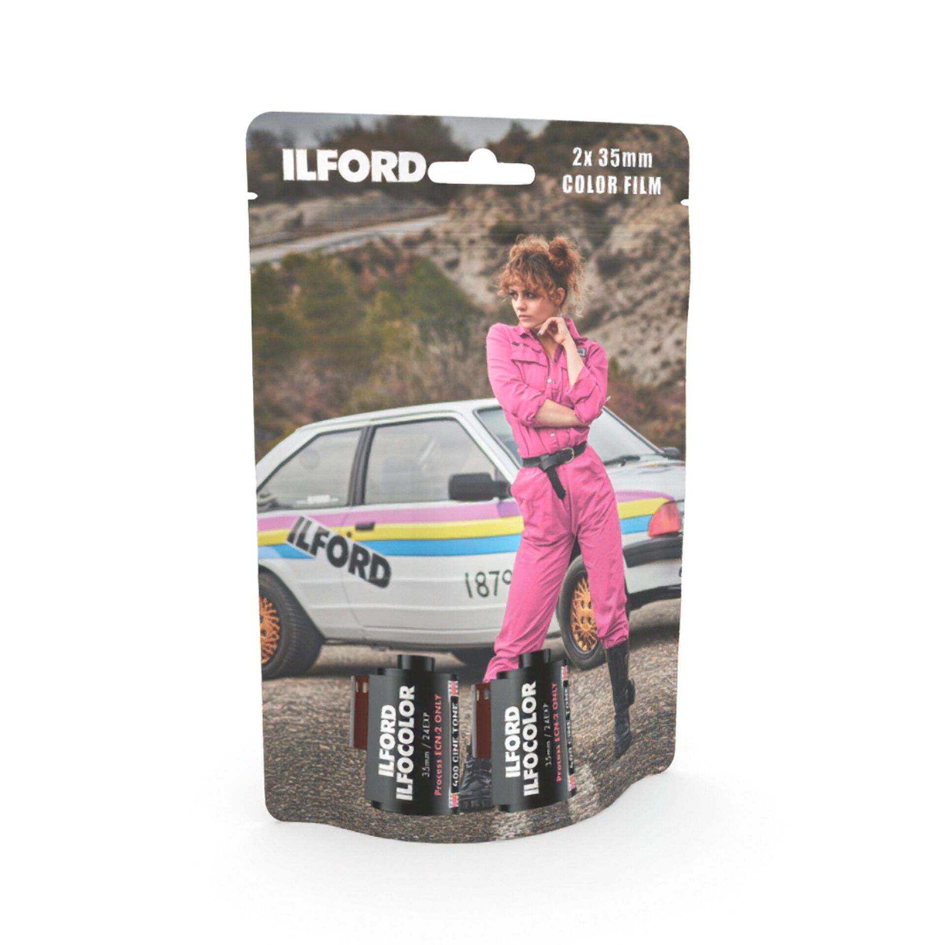 color film, ILFORD, 2x35mm, autosport, pink jumpsuit