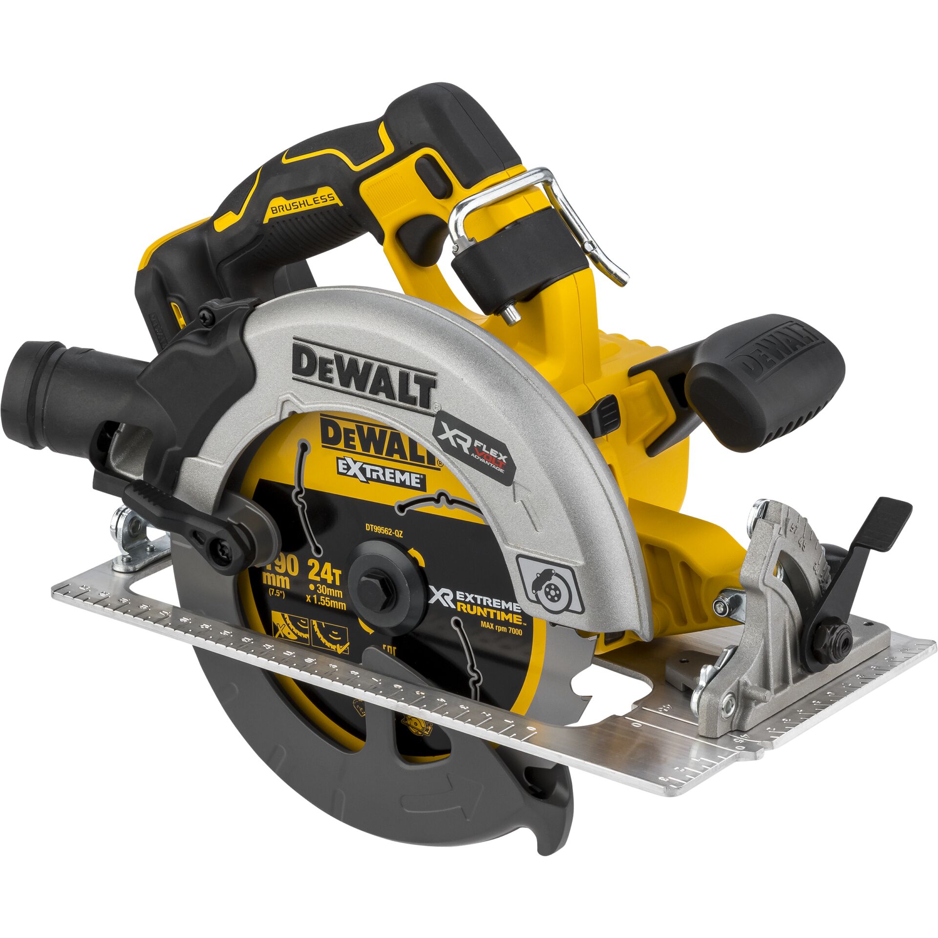 Akku-Kreissäge, DeWalt, 25 Zoll-Rastschnitt, Stirnführung, Gerätemarkierung