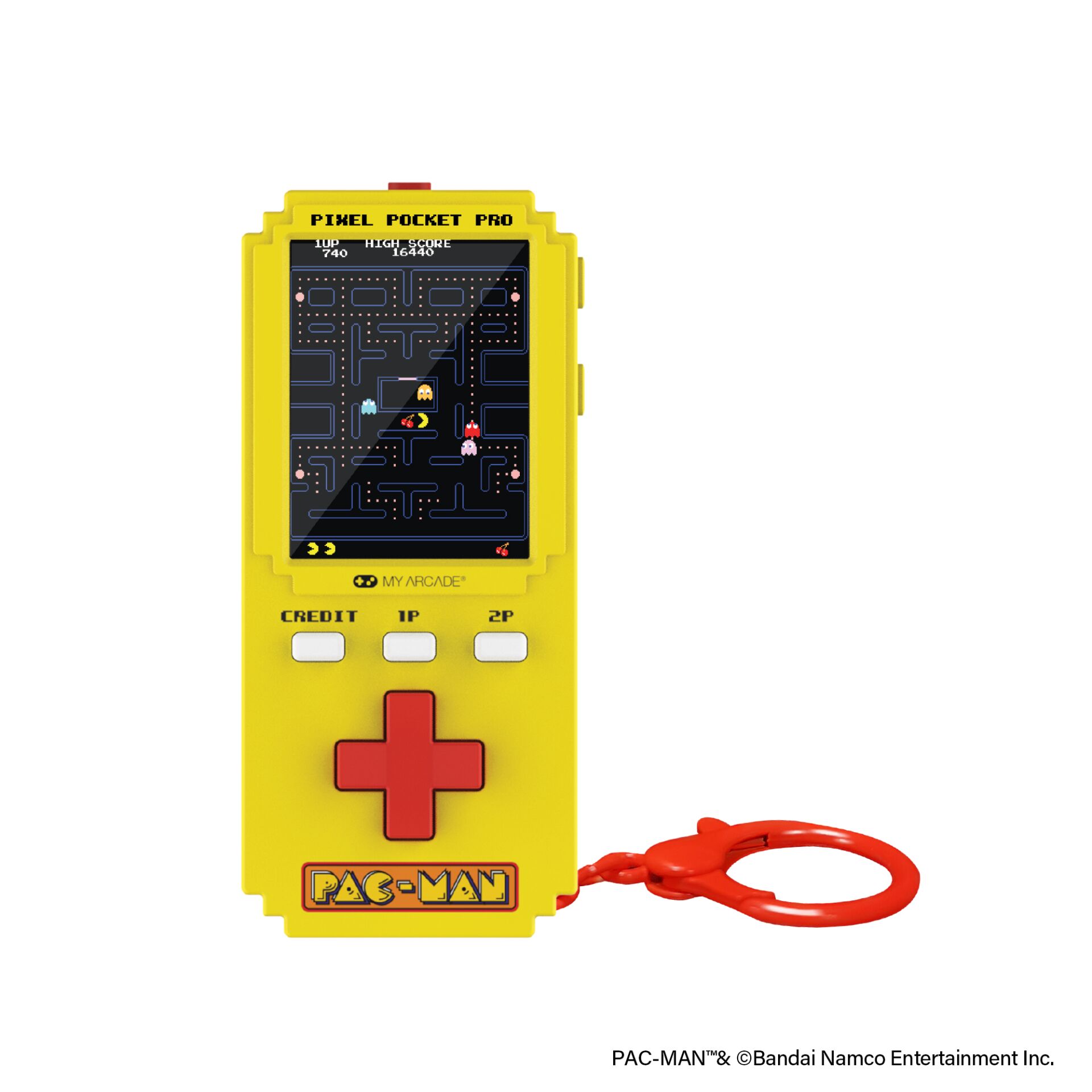 Handheld game, Pac-Man toy, Gelbes Gerät, Roter Joystick, Arcade-Handheld
