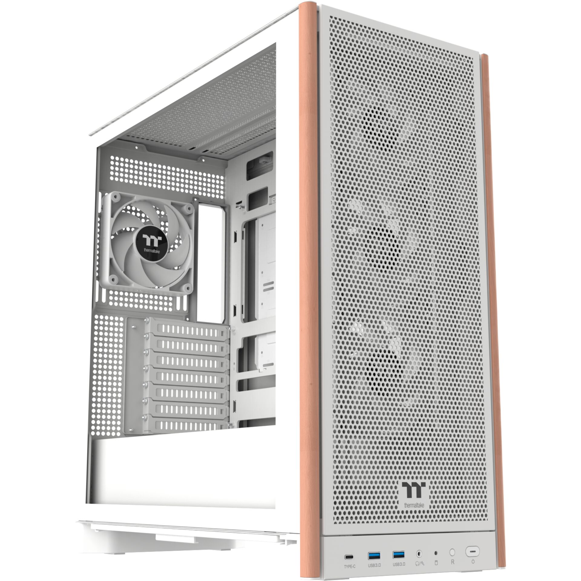 PC-Gehäuse, Mid-Tower, Mesh-Verkleidung, Lüfter, Holzlaminat-Finish