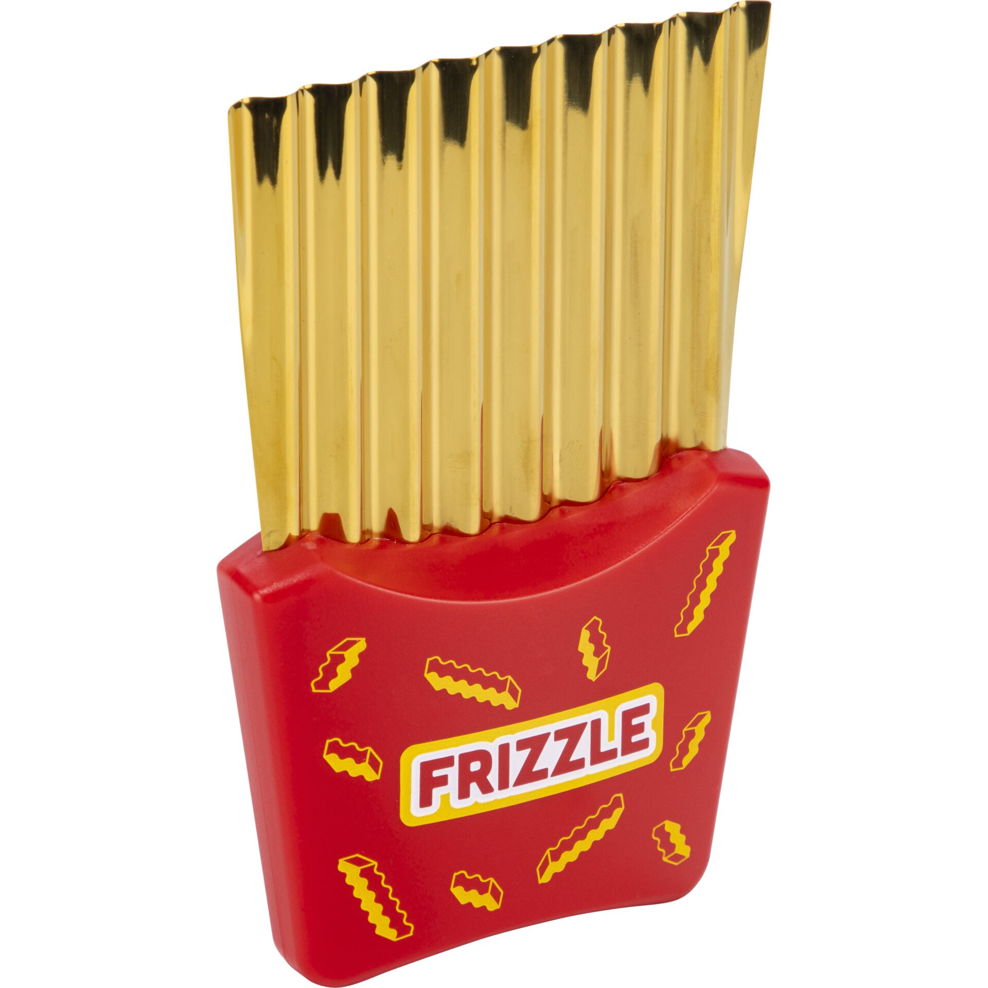 Frizzzles, Frizzle Fries, Goldene Gabeln, Rote Verpackung, Plastikbesteck