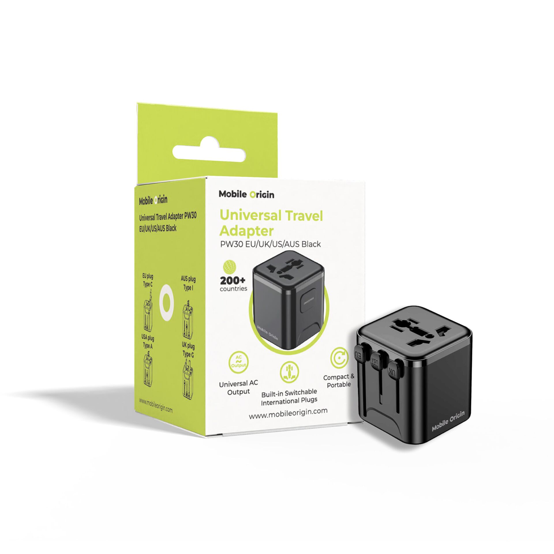 universeller Reiseadapter, EU-US-UK-AU Stecker, kompakter Adapter, schwarzer Adapter, Verpackung Box