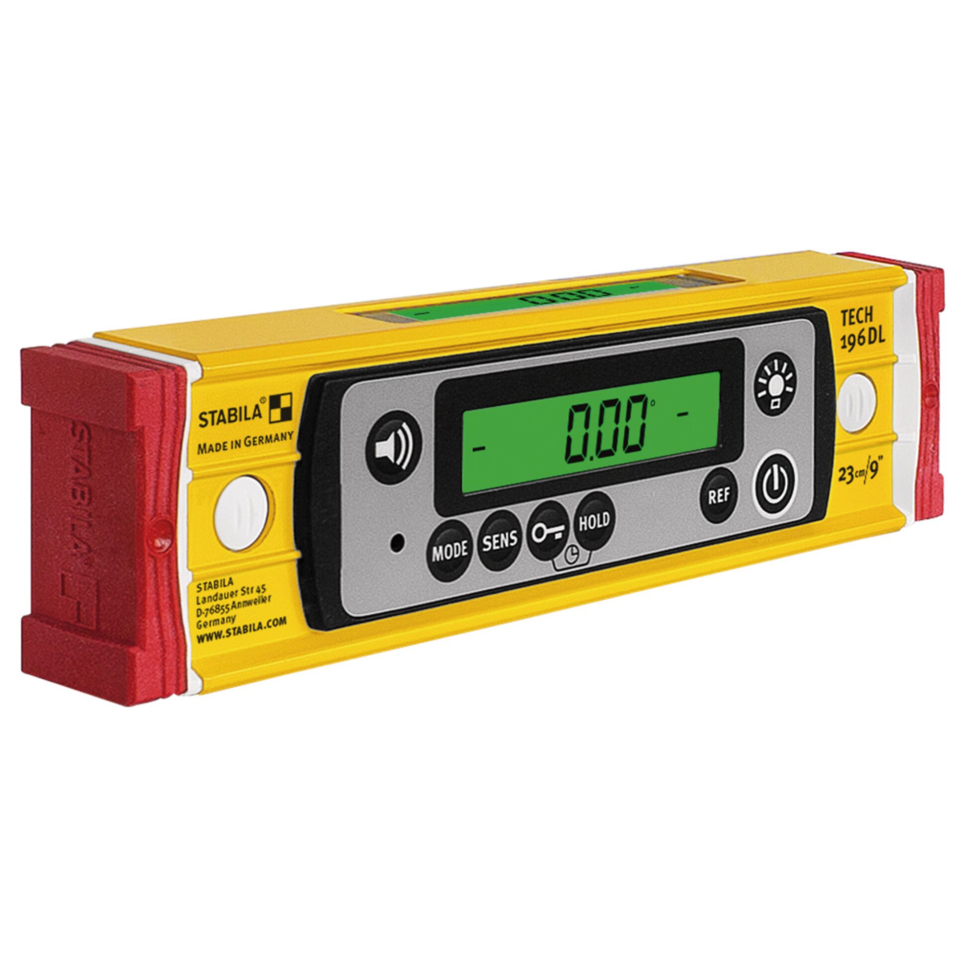 Laserlevel, Digitale Anzeige, Gehäuse gelb, Bedienfeld, STABILA Etikett
