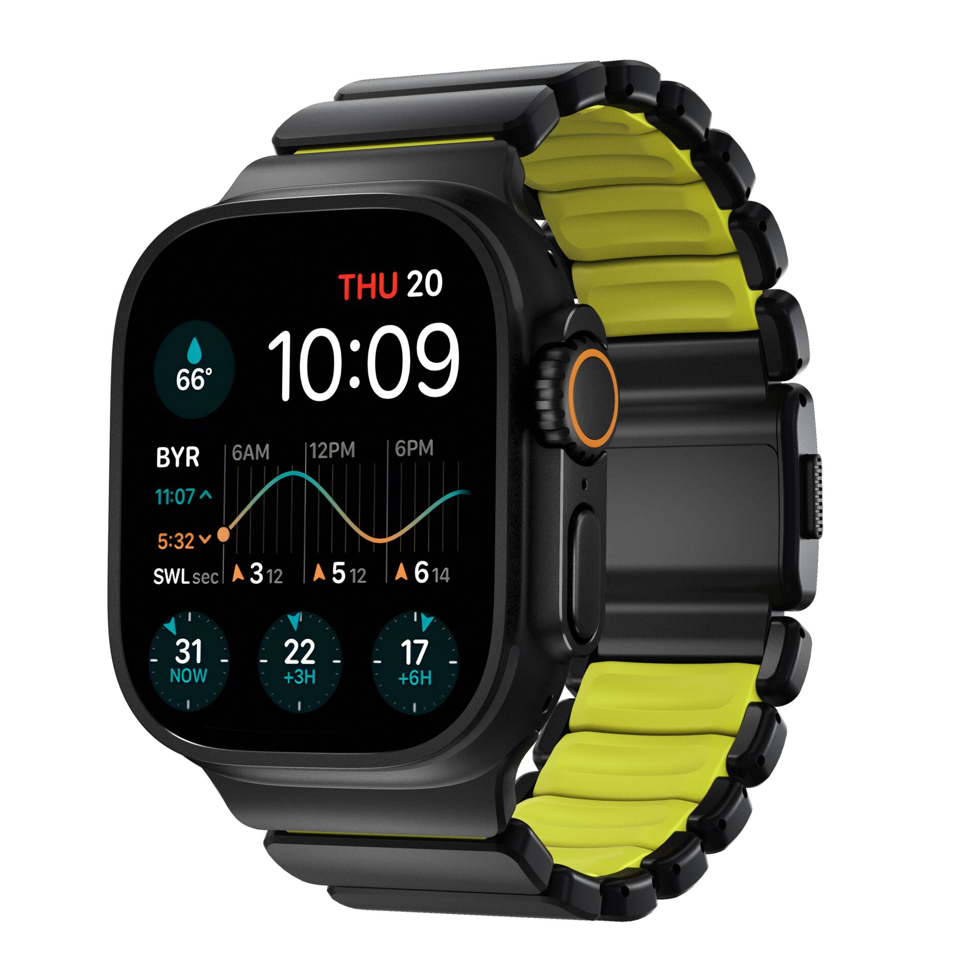 Smartwatch, Digitalanzeige, Schwarze Uhr, Gelb-Grün Band, Quadratisches Zifferblatt