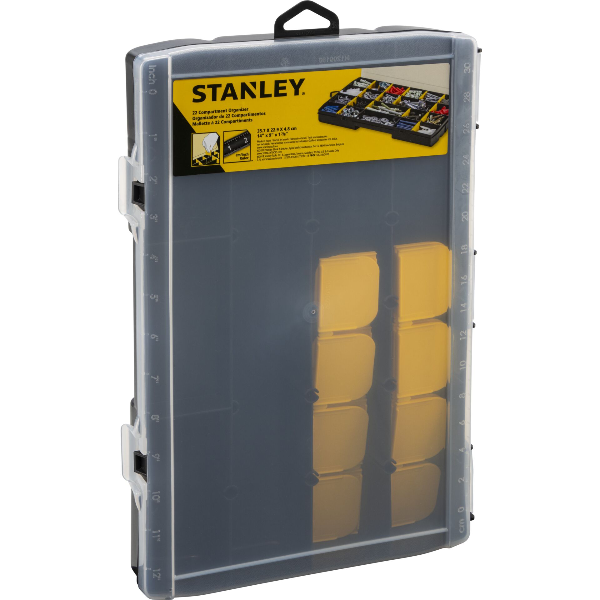 Schneidplatte, Kunststoffkoffer, Lineal, Skizzen-Set, Messwerkzeug, Werkzeugkasten, Aufbewahrungskassette, Sortimentskasten, gelber Organizer, Stanley Toolbox