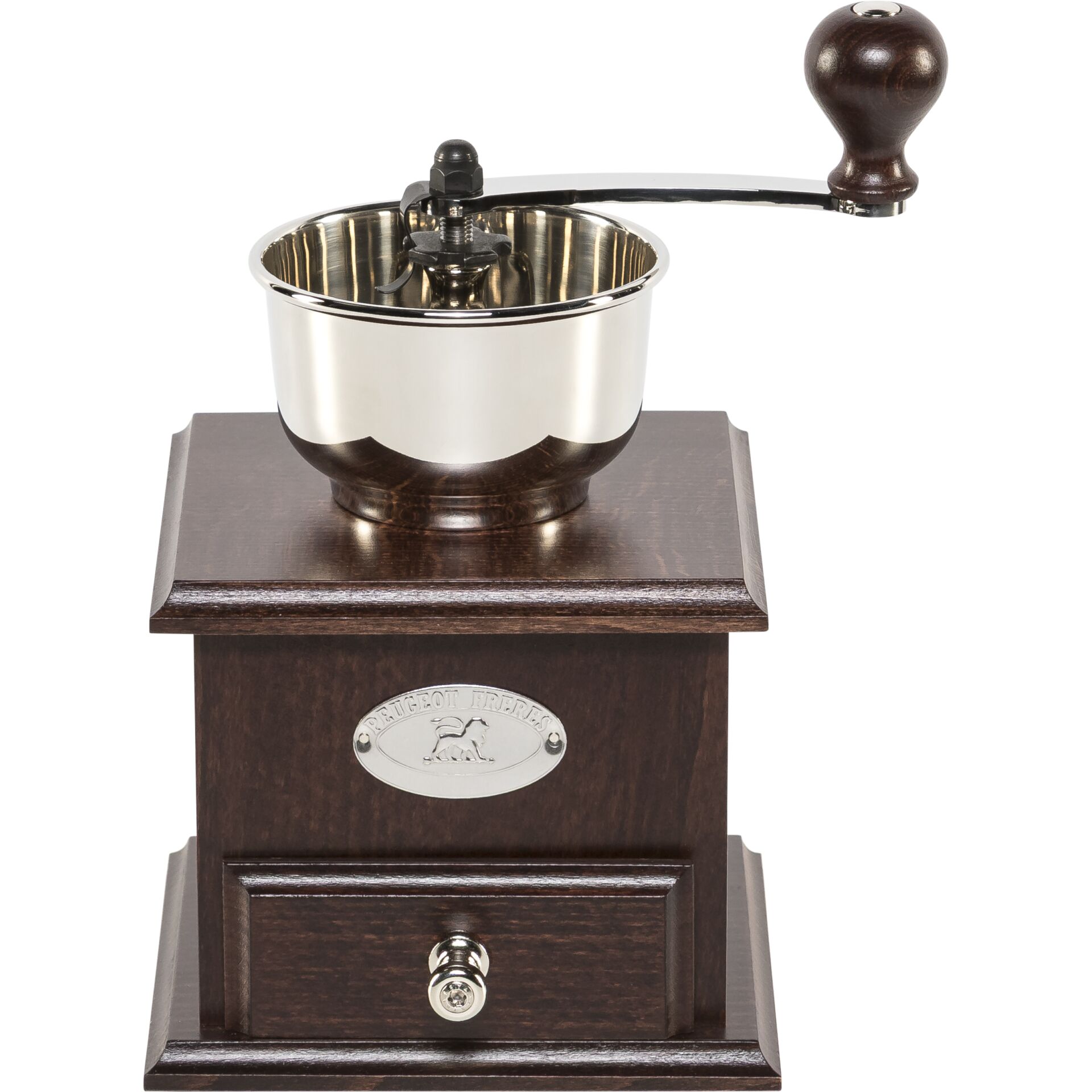 Kaffeemühle, Holzstand, Manuelle Mühle, Edelstahlbehälter, Drehknopf