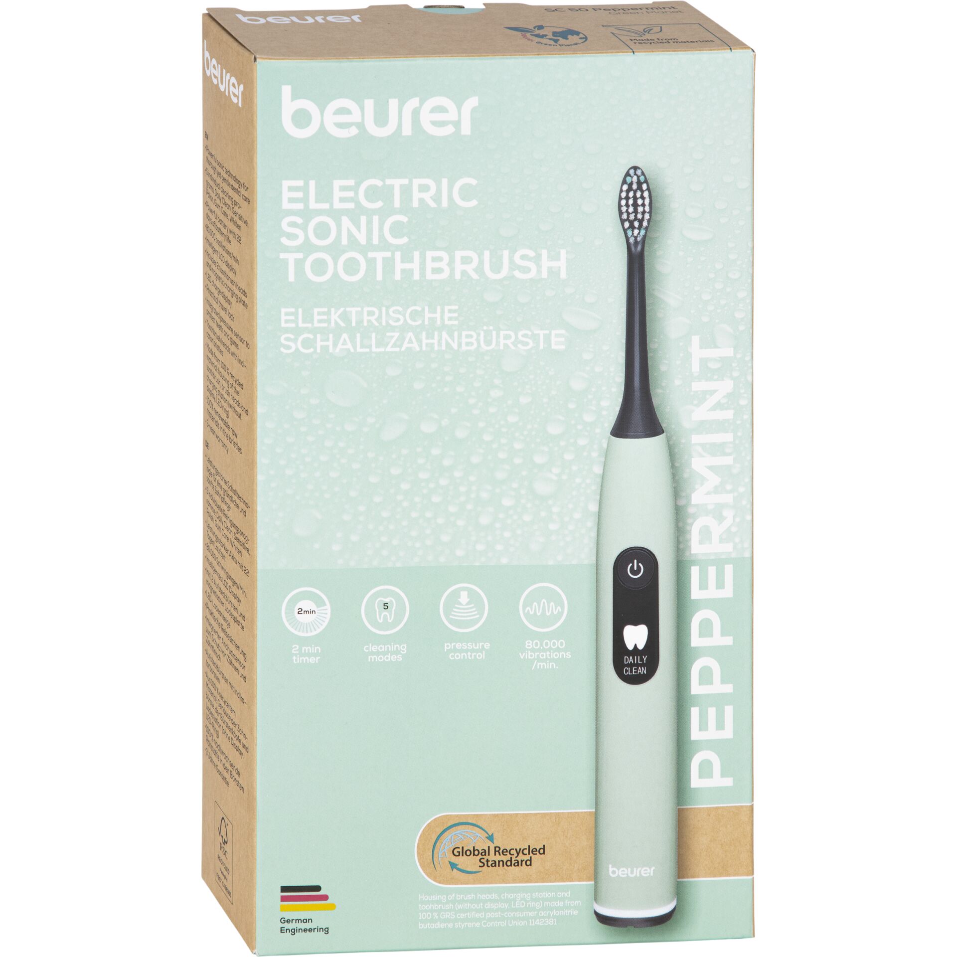 Elektrische Zahnbürste, Schallzahnbürste, Mintgrün, Kopf mit Borsten, Beurer