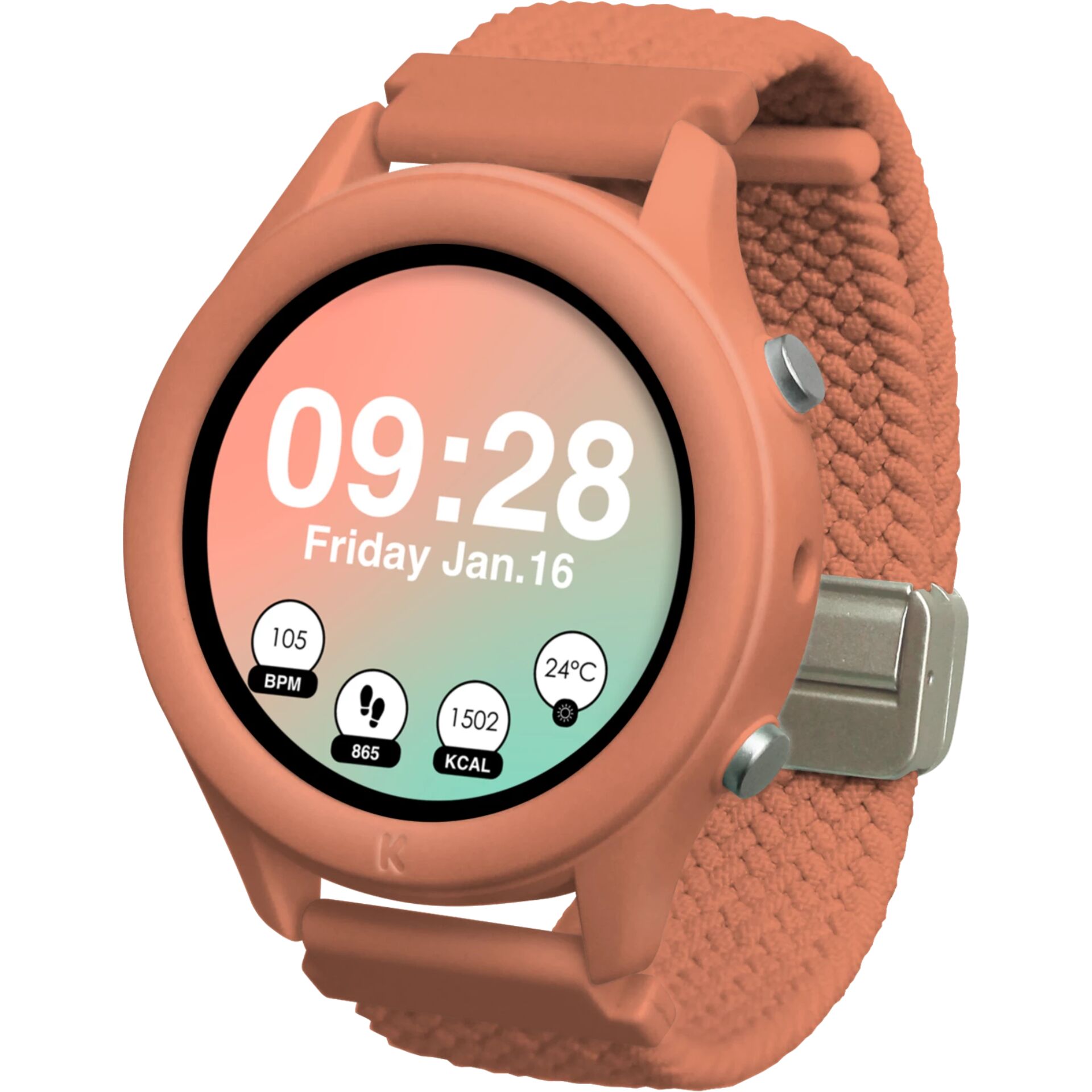 smartwatch, digital-display, pink, strap, round-face
