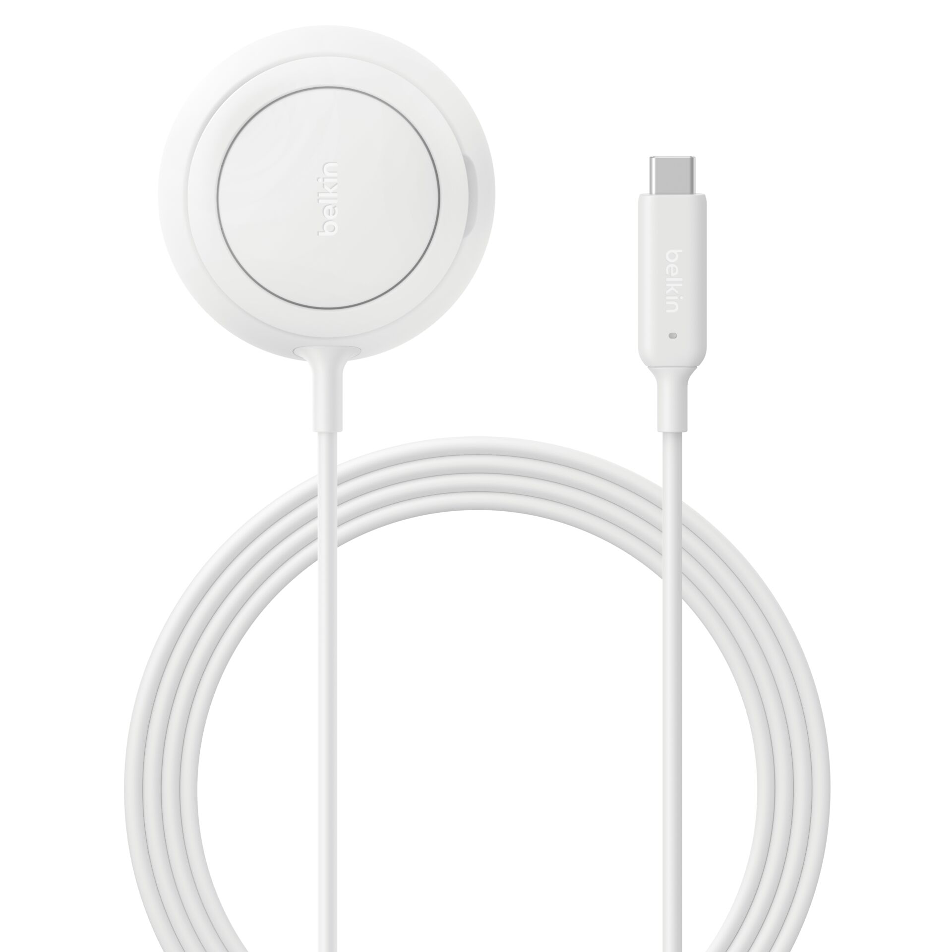drahtloses Ladegerät, rundes Ladestation, USB-C Anschluss, weiße Kabel, weiße Farbe