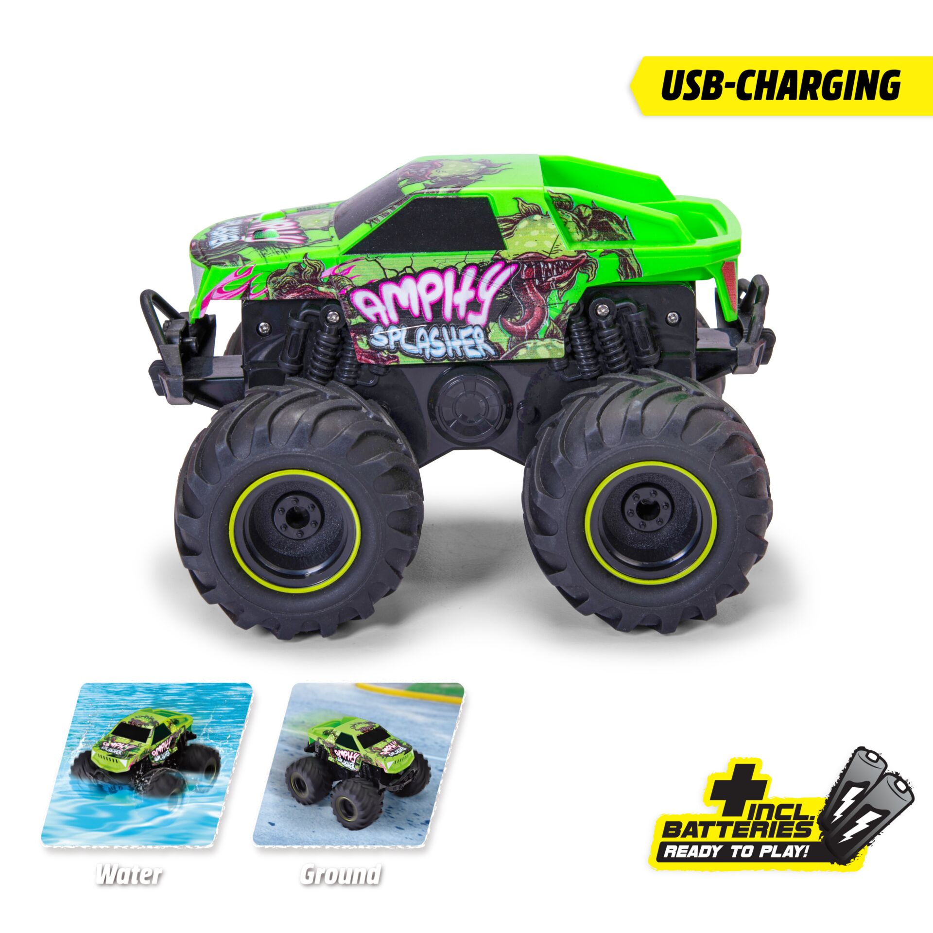 Monstertruck, Grün, Graffiti-Design, Große Reifen, USB-Ladeanschluss