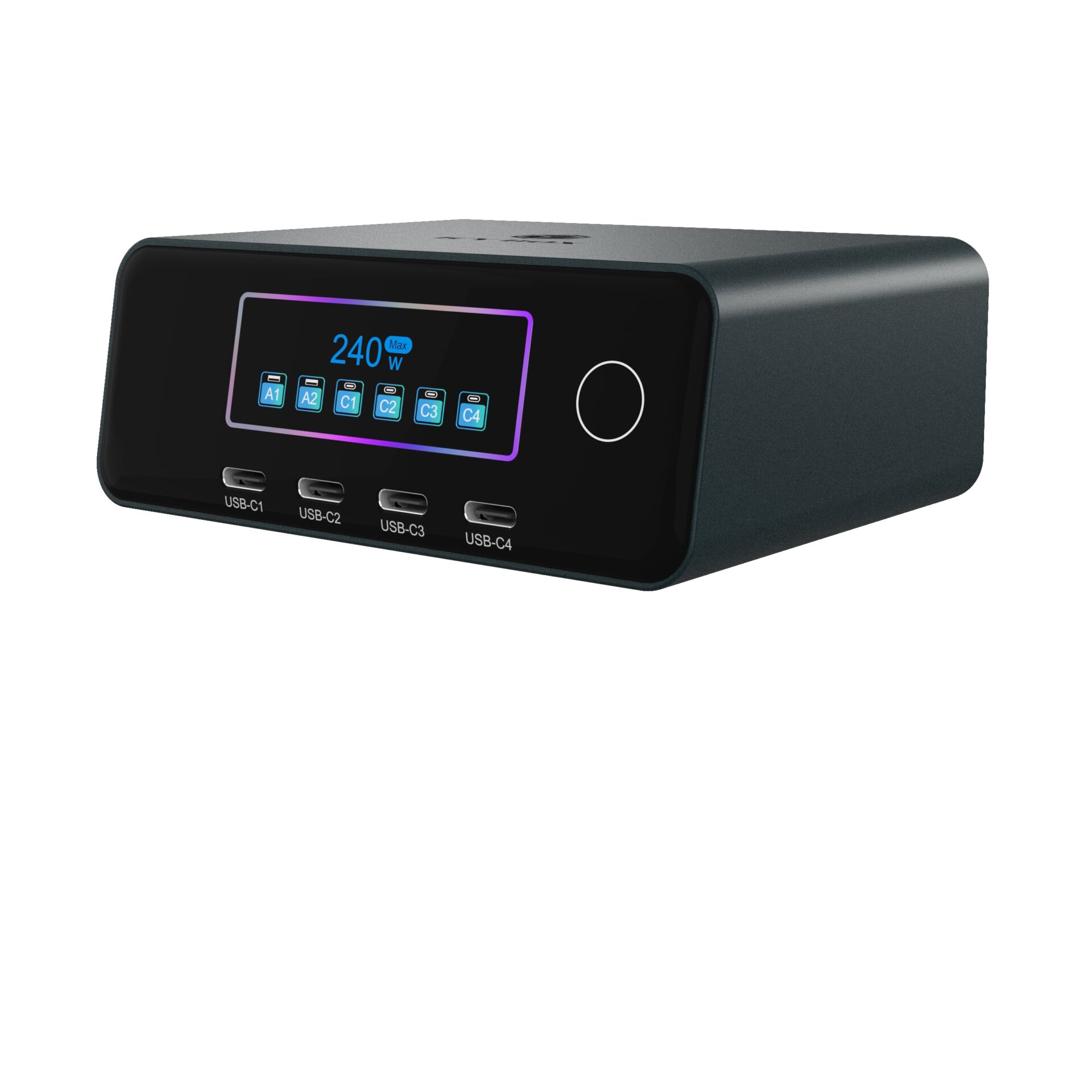 USB-Hub, Ladestation, Digitale Anzeige, Schwarz, Vorderseite Panel