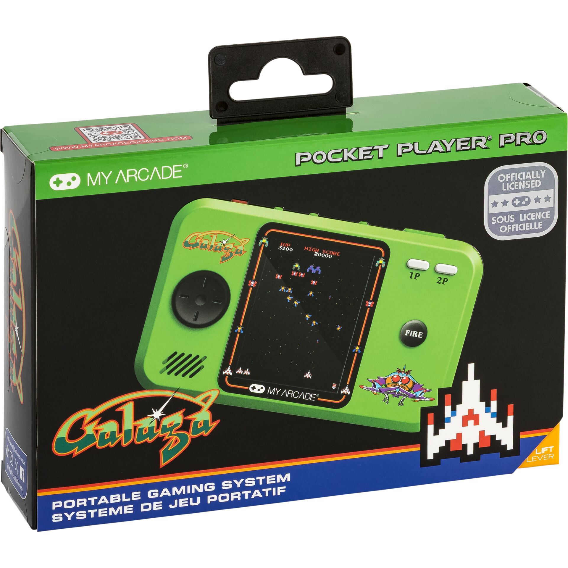 portablespielekonsole, handheld gaming, grünes gerät, arcade design, galaga