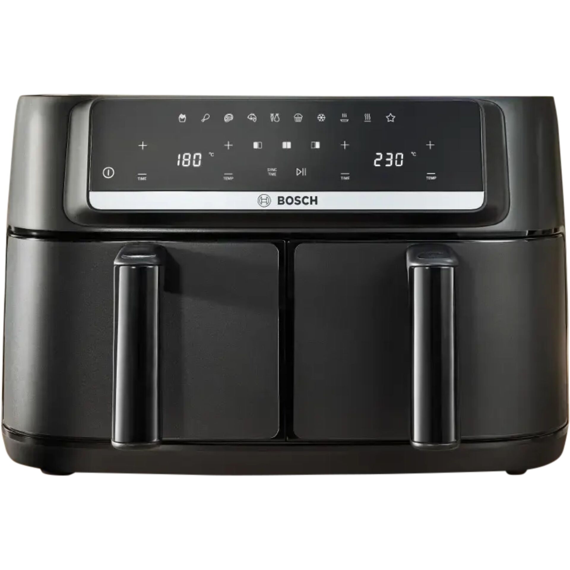 Luftfritteuse, digitale Anzeige, Schwarz, Doppelkorb, Bosch auf Bedienfeld, Airfryer, Twin basket, Digital display, Schwarz, Kompakt