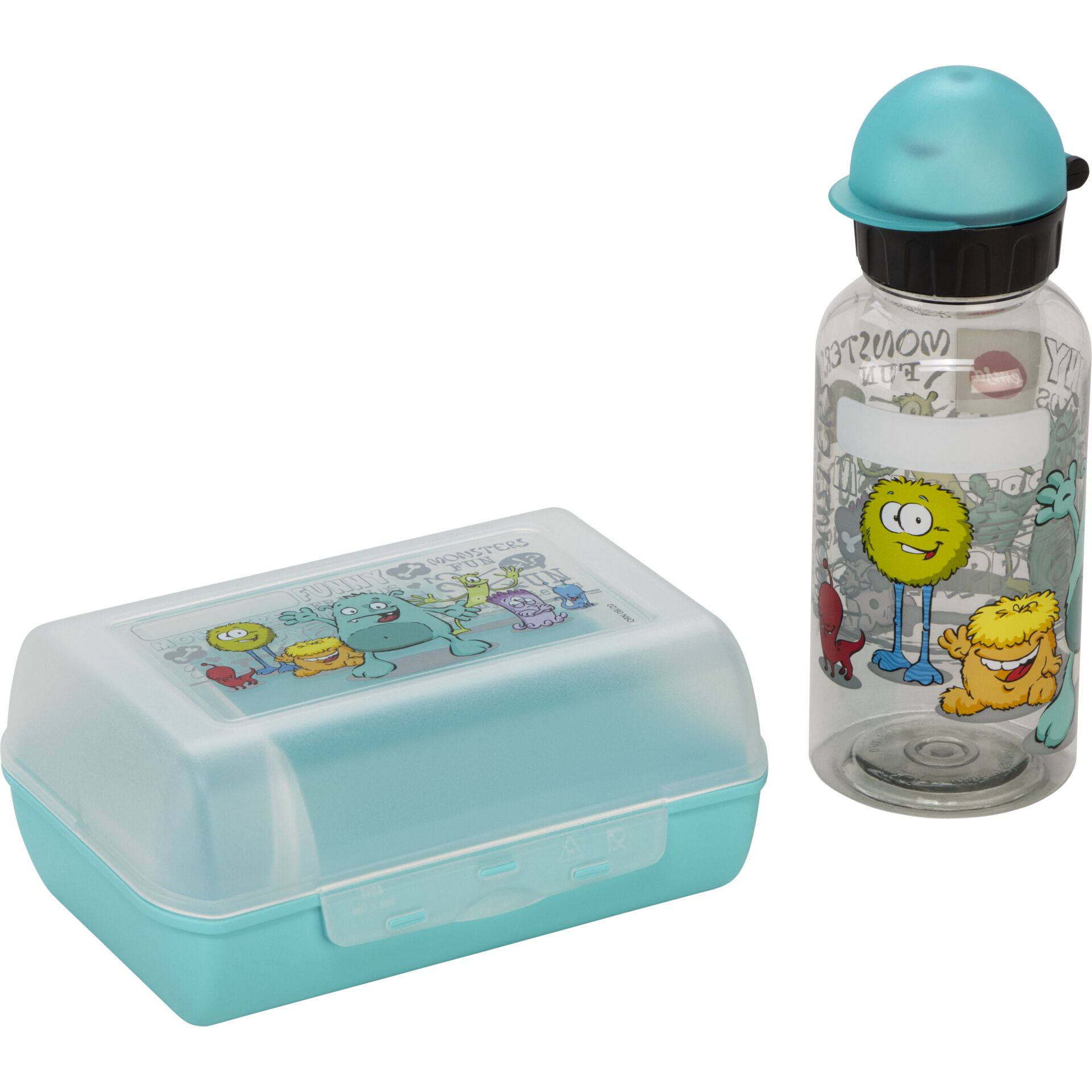 Kinderbrotzeit-Set, Lunchbox, Trinkflasche, Grünblau, Mustermonster