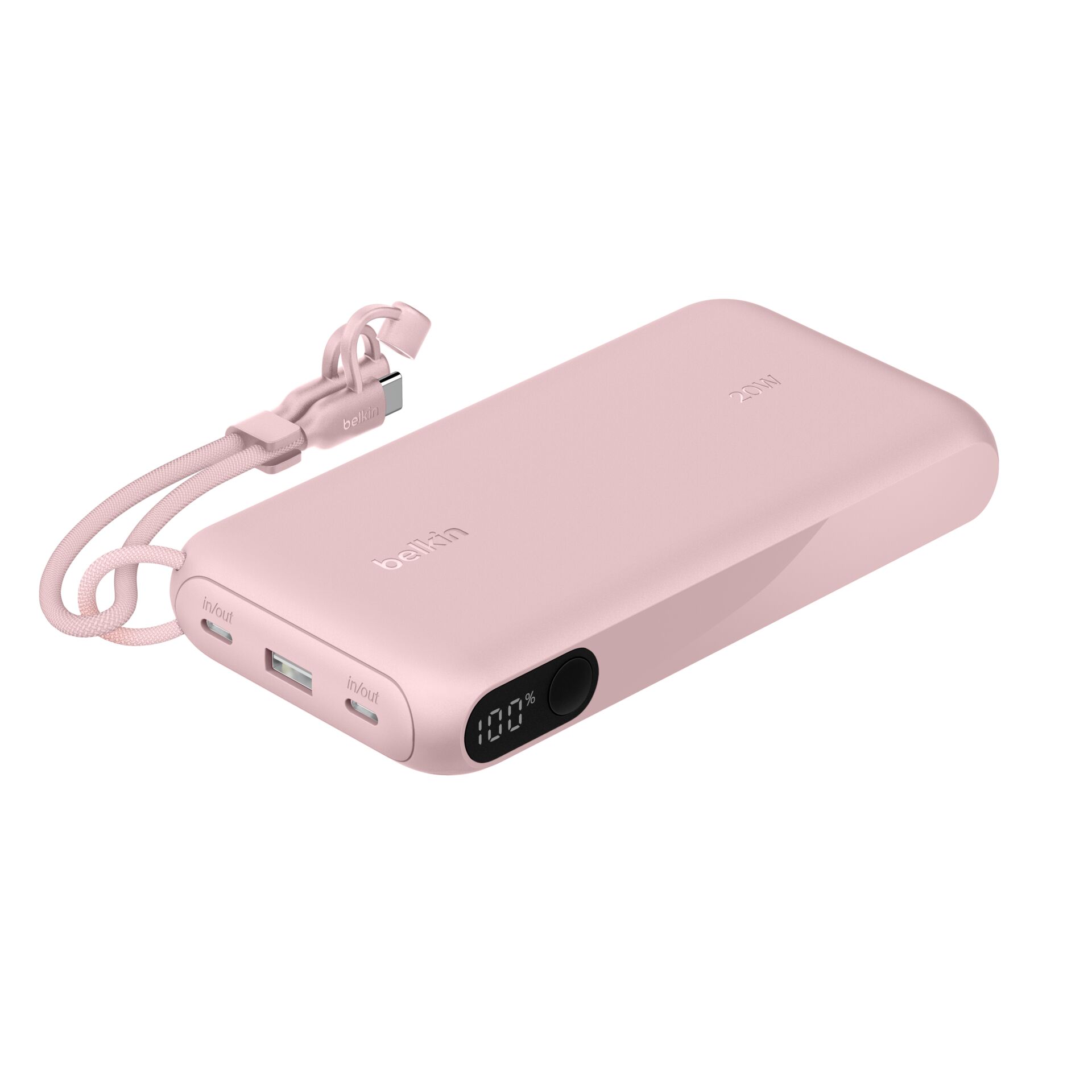 Powerbank, USB-C, Digitale Anzeige, Pink, In/Out Anschlüsse