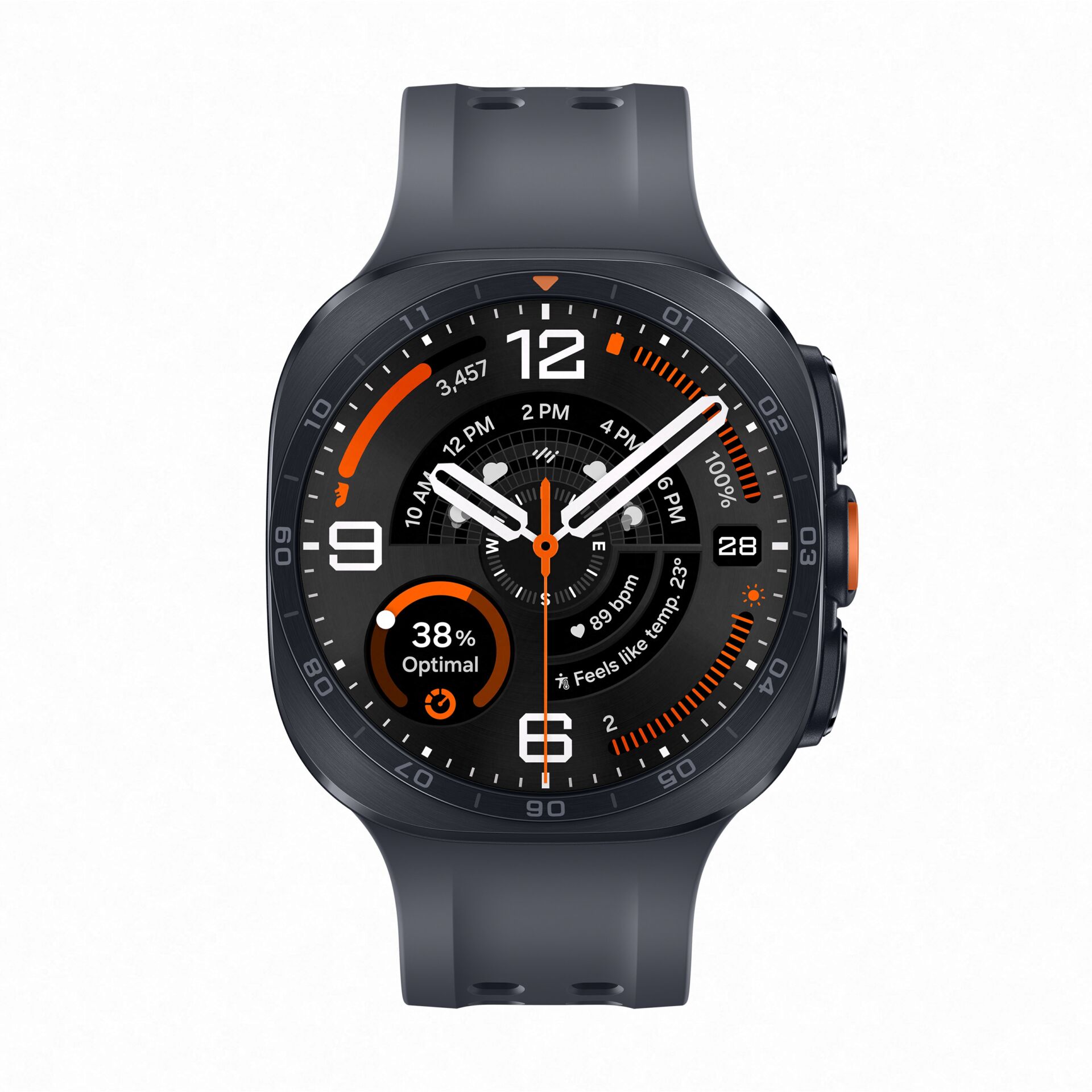 smartwatch, analog-dial, orange-accent, silicone-band, round-face