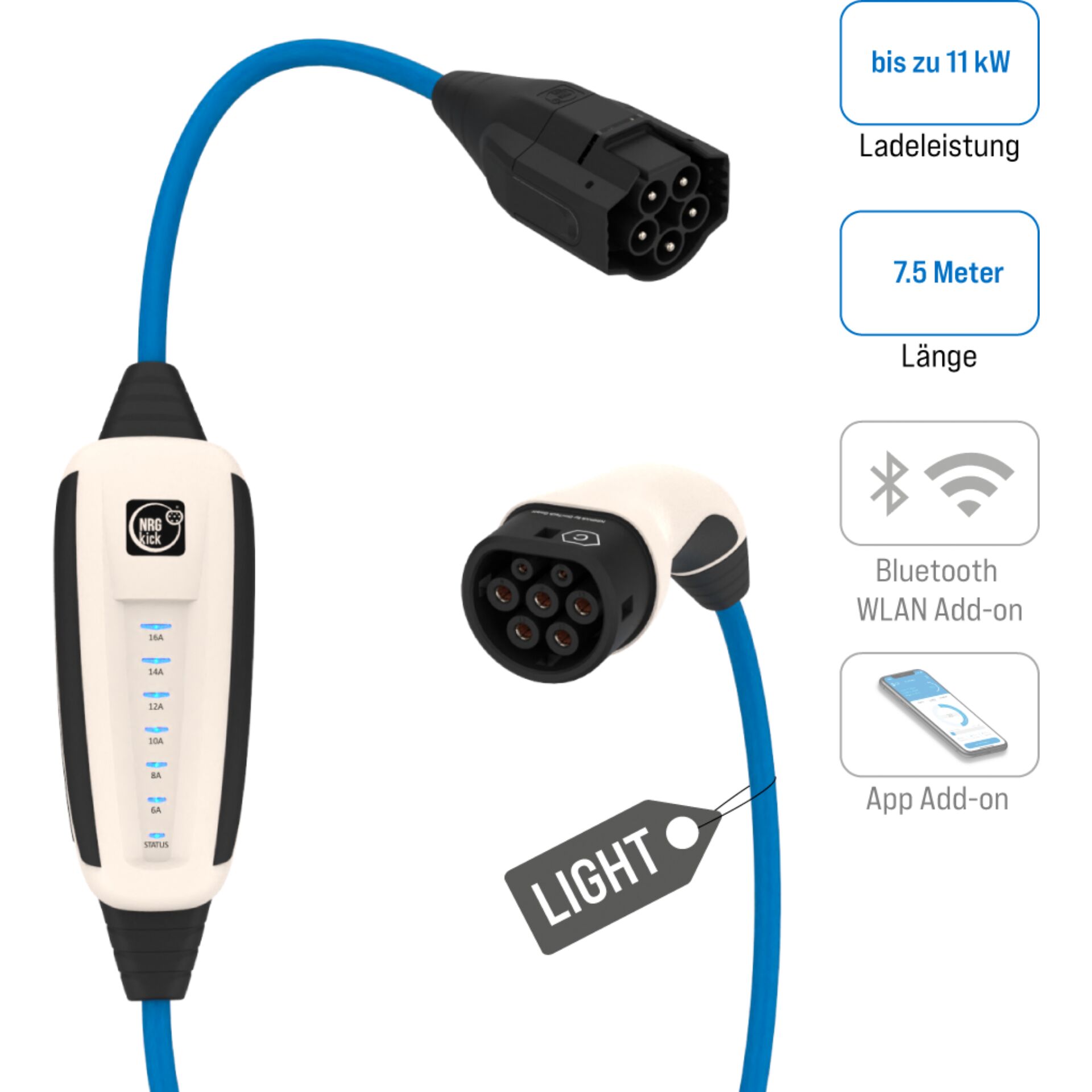 Adapter, Elektronik, Computer-Ausrüstung, Computerausrüstung, EV-Ladekabel, 7,5 Meter, 8-Pin Stecker, Bluetooth Add-on, Licht