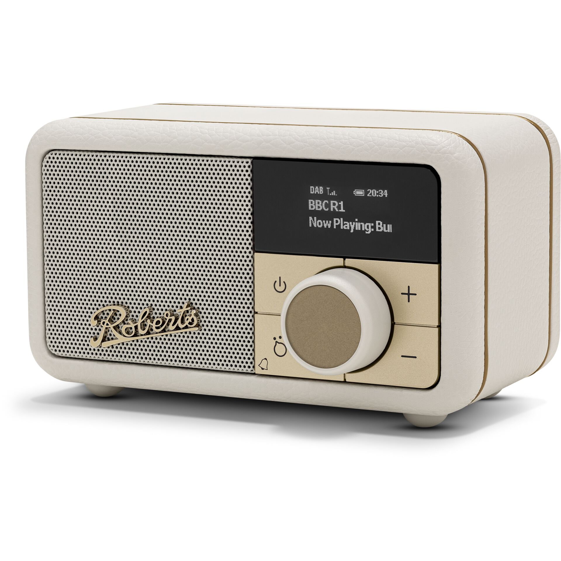 radio, portabler Lautsprecher, beige, digitales Display, Drehknopf