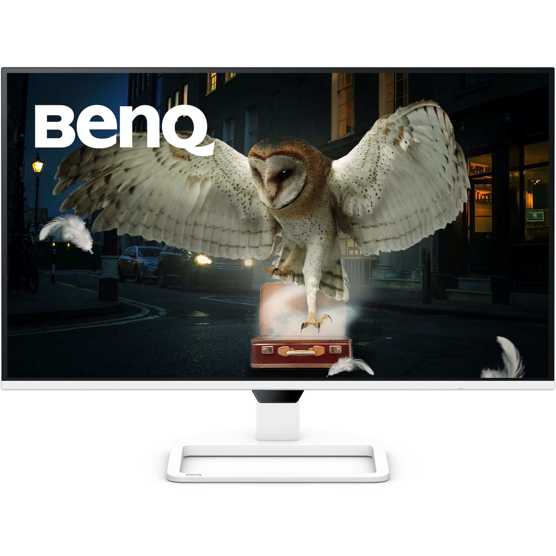 monitor, display, eule, szene, reisekoffer