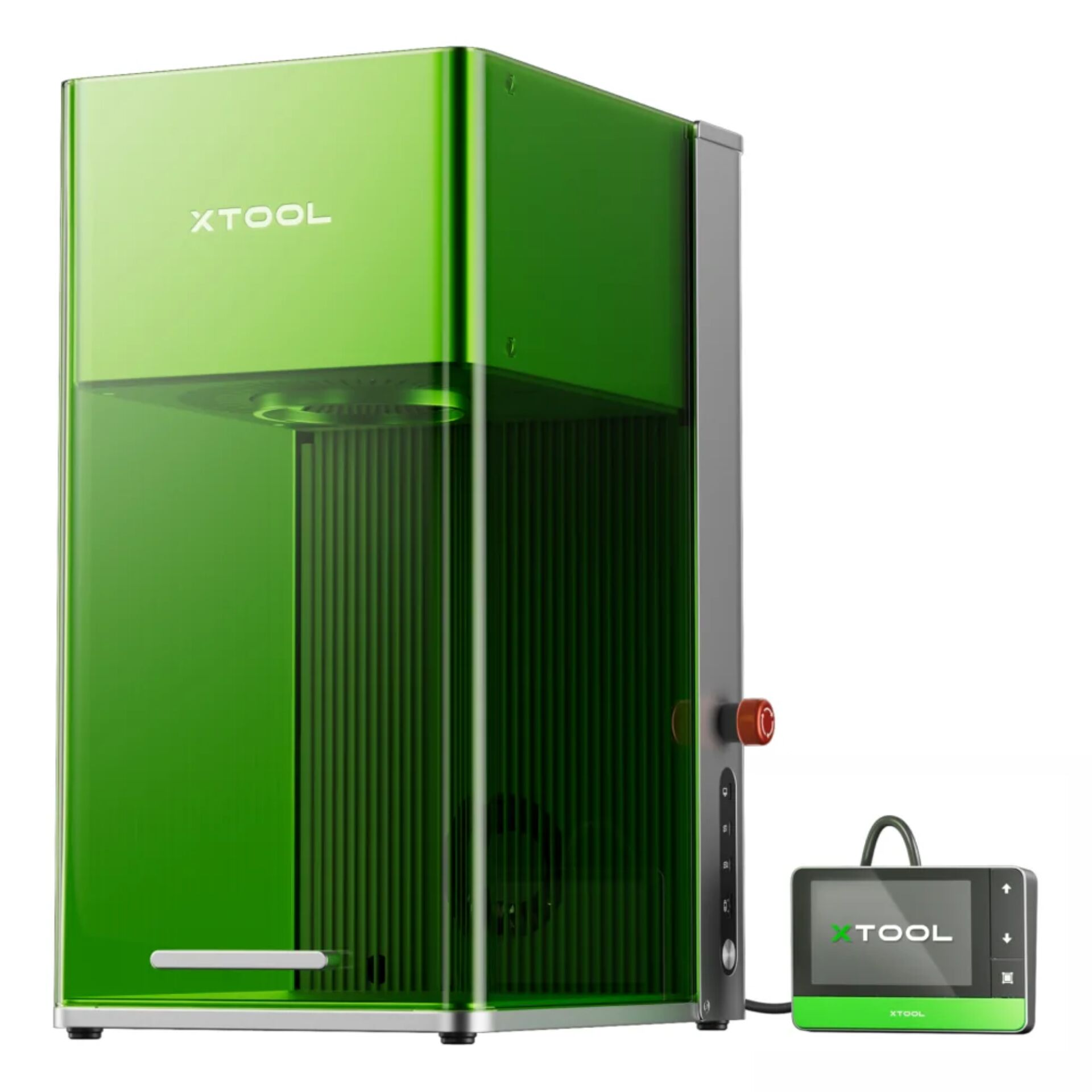3D printer, laser cutter, green enclosure, desktop device, control panel