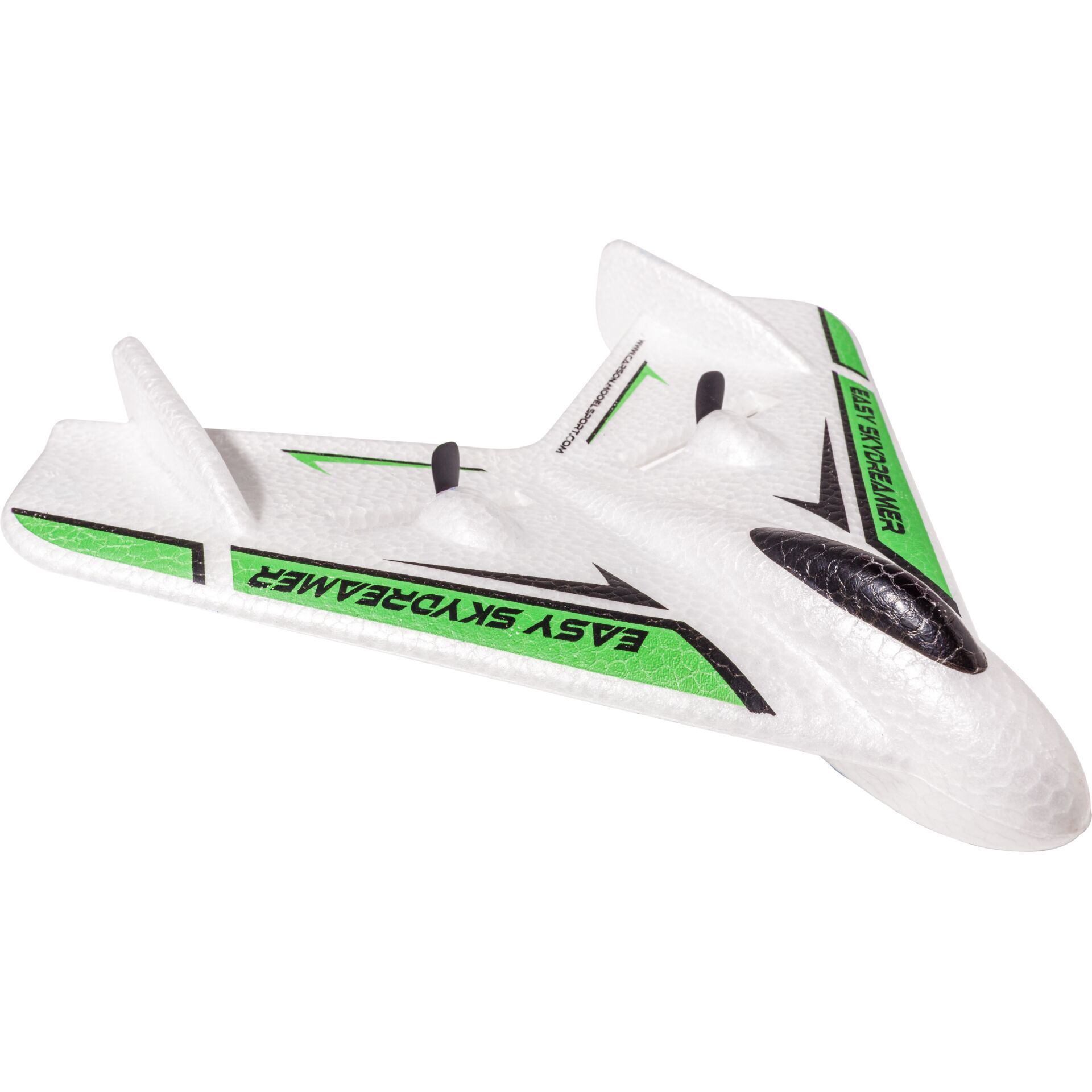 RC-Flugzeug, Schaumstoffrumpf, grüne Akzente, symmetrische Flügel, Miniaturmodell