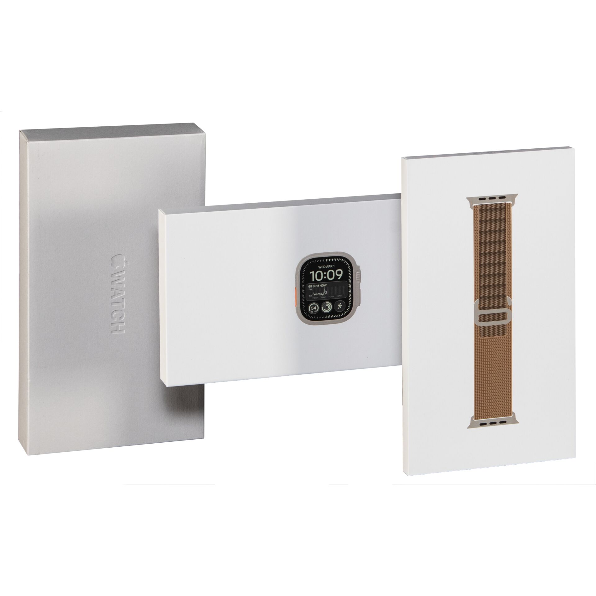 smartwatch, uhr, apple watch band, silber verpackung, braun armband