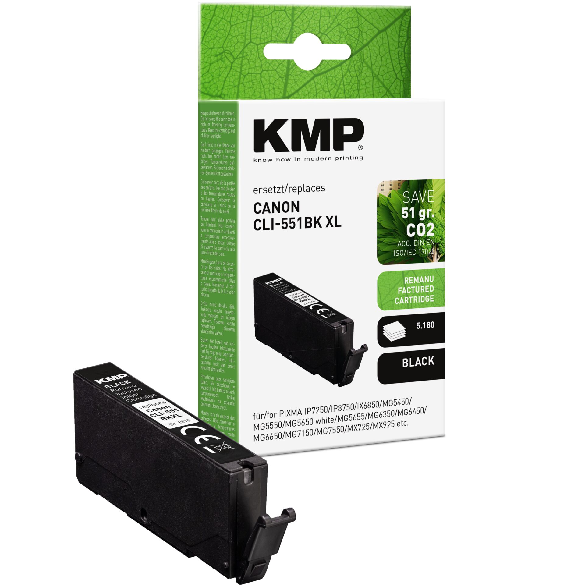 KMP Tinte schwarz ersetzt  Canon CLI-551 BK XL 6443B001