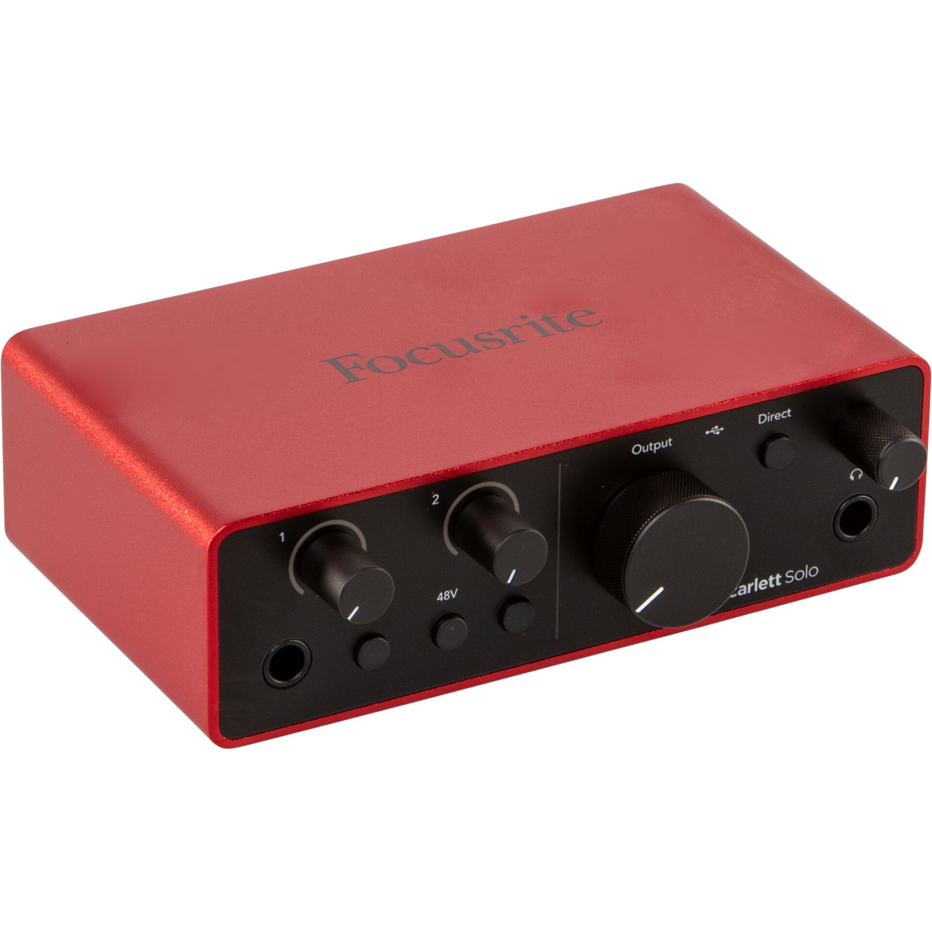 Audio-Interface, Focusrite Scarlett, rote Metallgehäuse, USB-Audio, Gain-Knöpfe