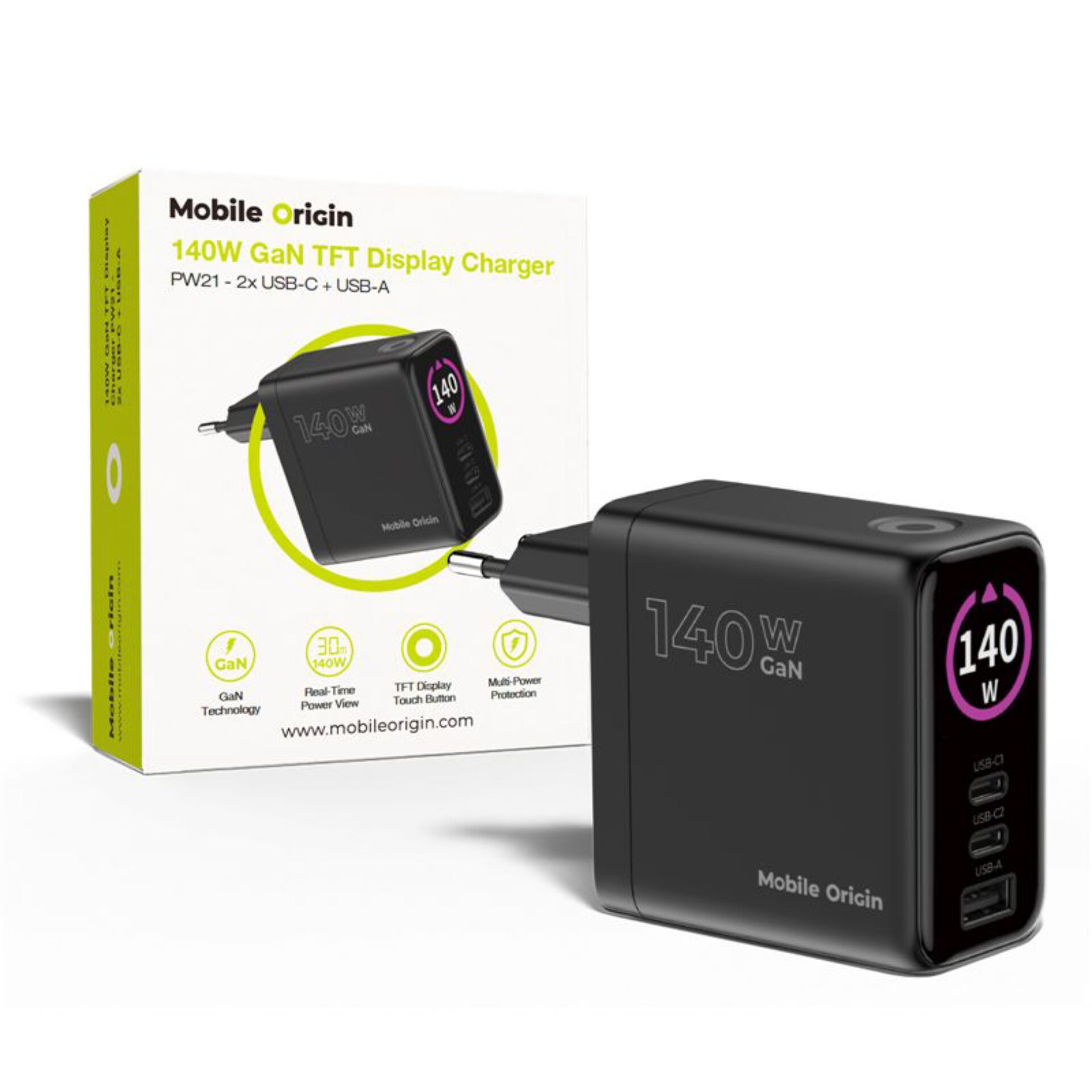 GaN-Ladegerät, 120W-140W, USB-C, USB-A, Anzeige-Ladegerät