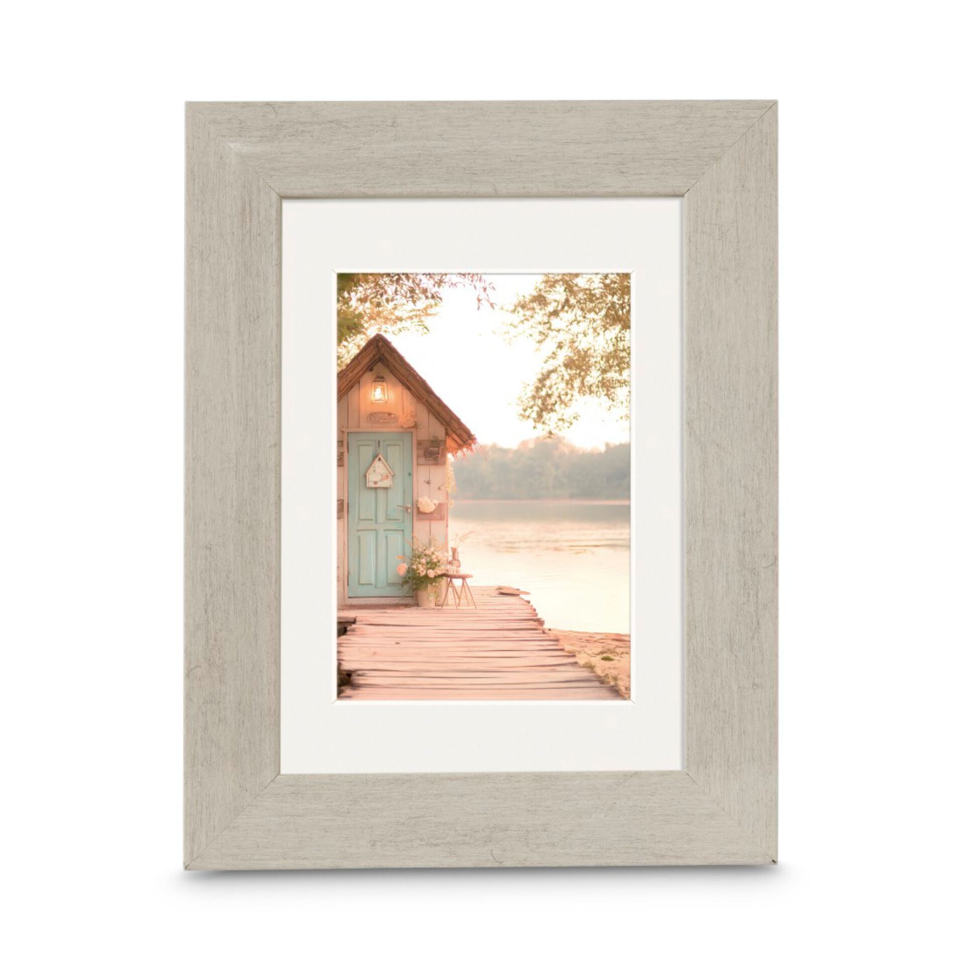 Picture frame, Wood frame, Beige frame, Coastal scene, Small house photo