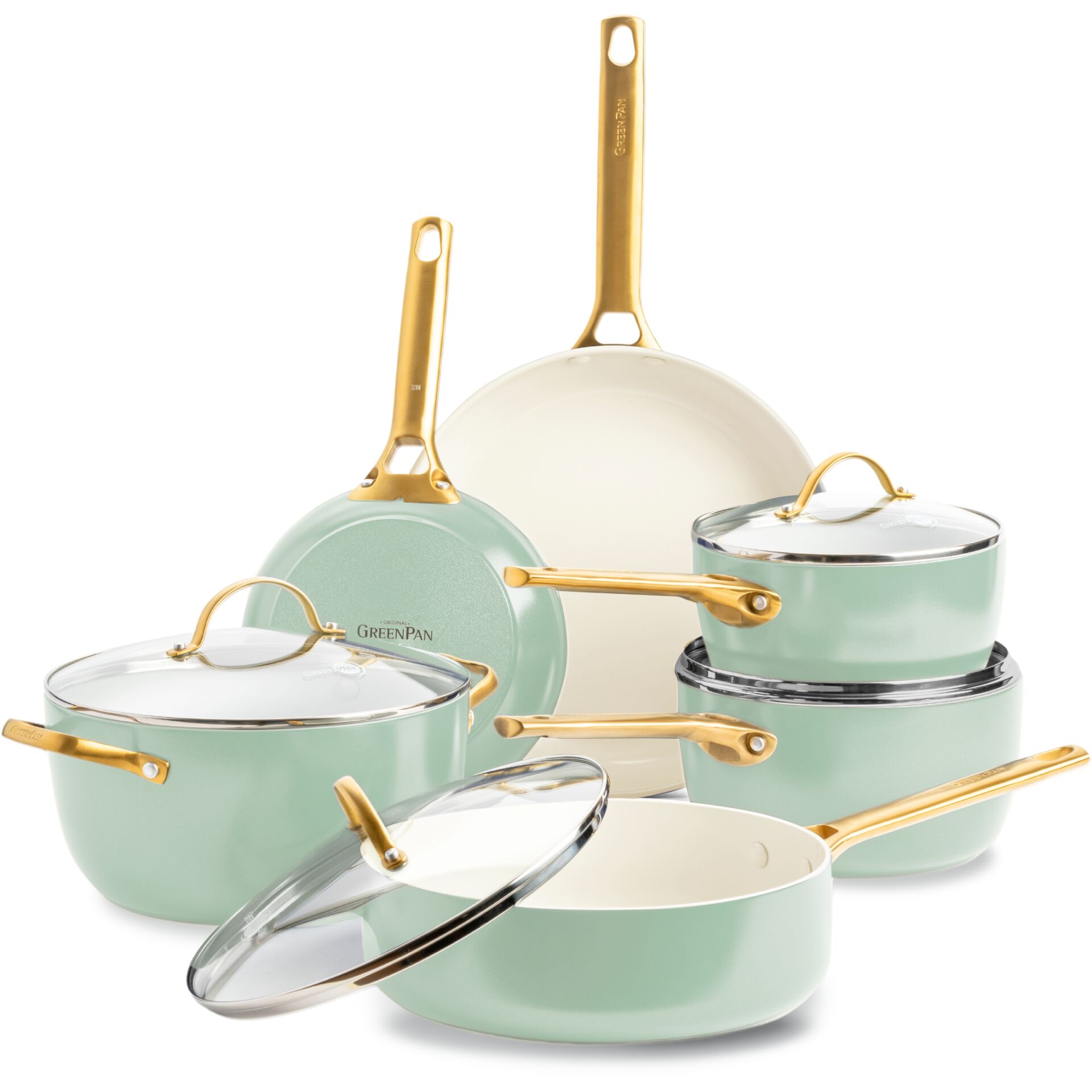 Topf-Set, Kochtopf, Pfannen-Set, Glasdeckel, Goldgriffehen?