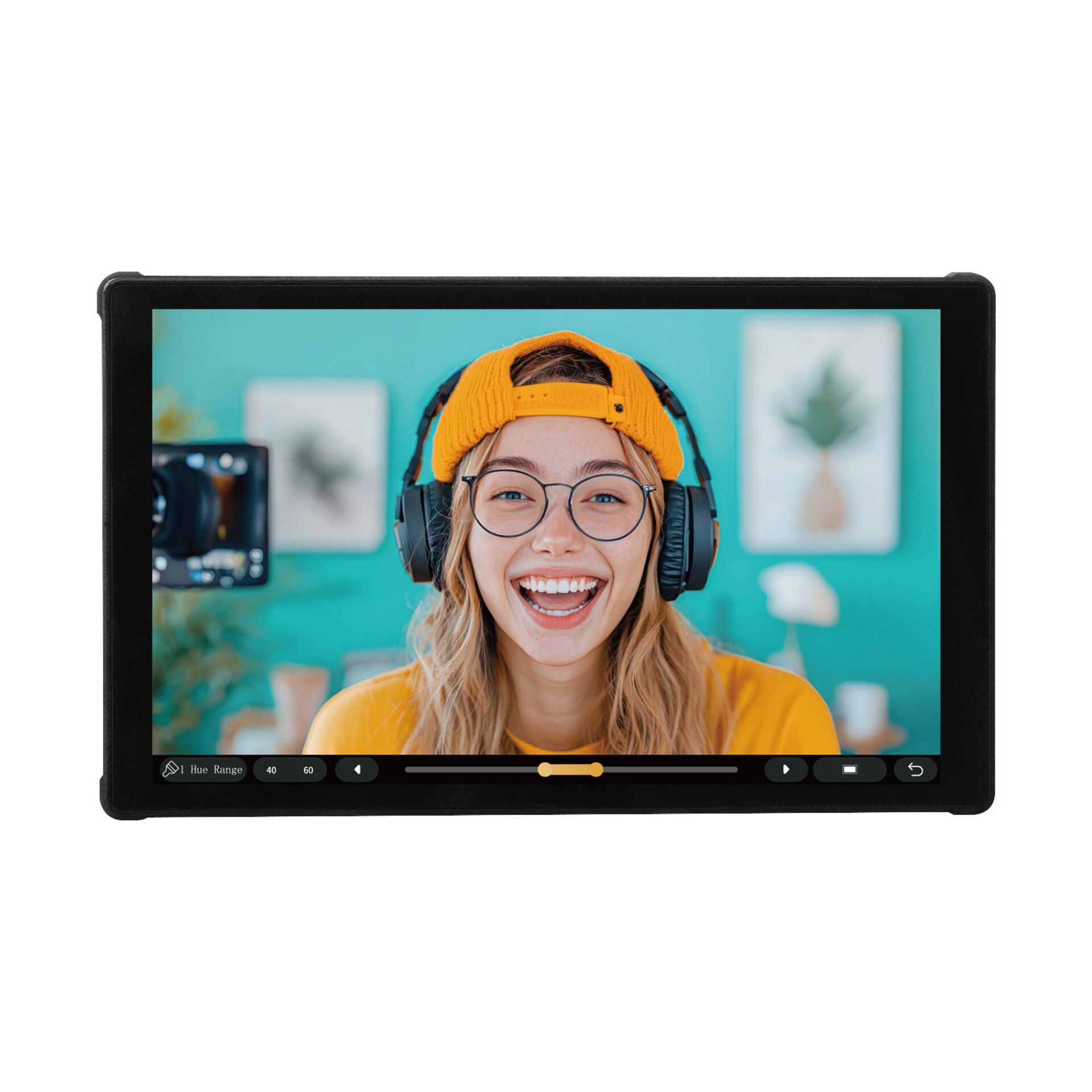 kopfhörer, headset, video-monitor, orangefarbener-cap, brille