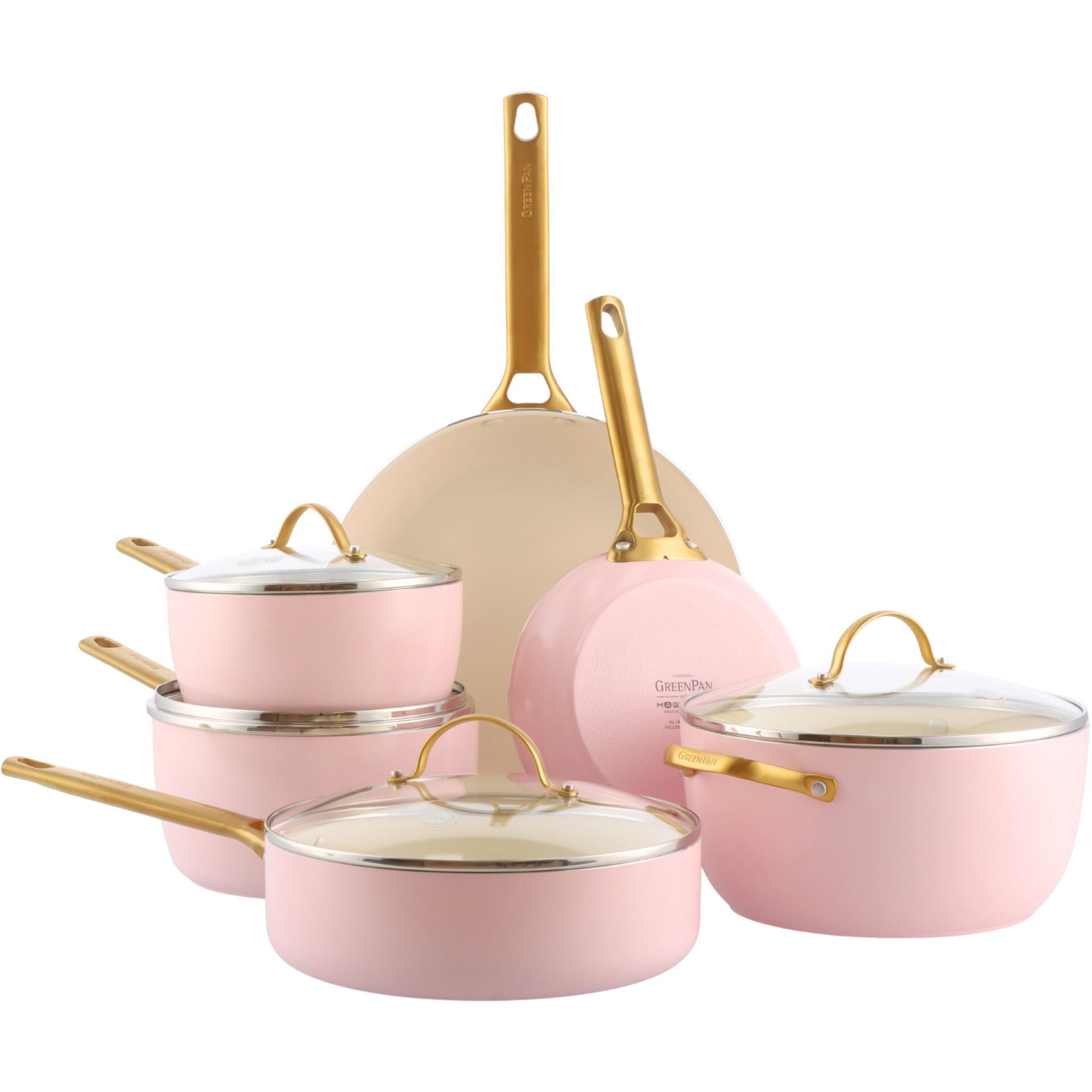 Kochtopfset, Pink, Glasdeckel, Goldene Griffe, Induktionstauglich