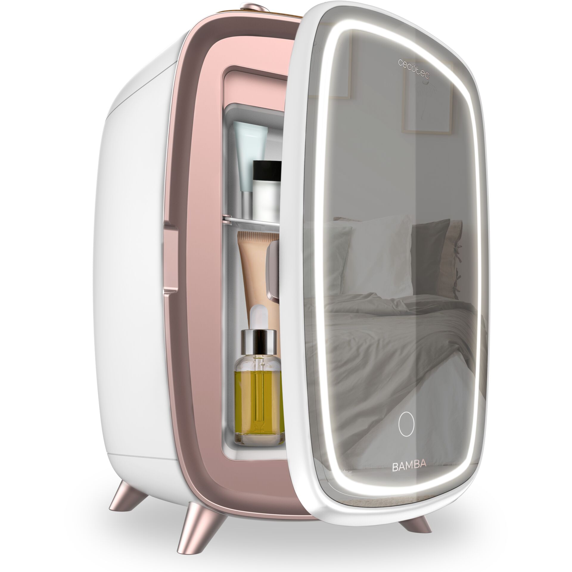 Mini-Kühlschrank, Kosmetik-Kühlschrank, Rosenholz/rose gold, Spiegeltür, LED-Beleuchtung