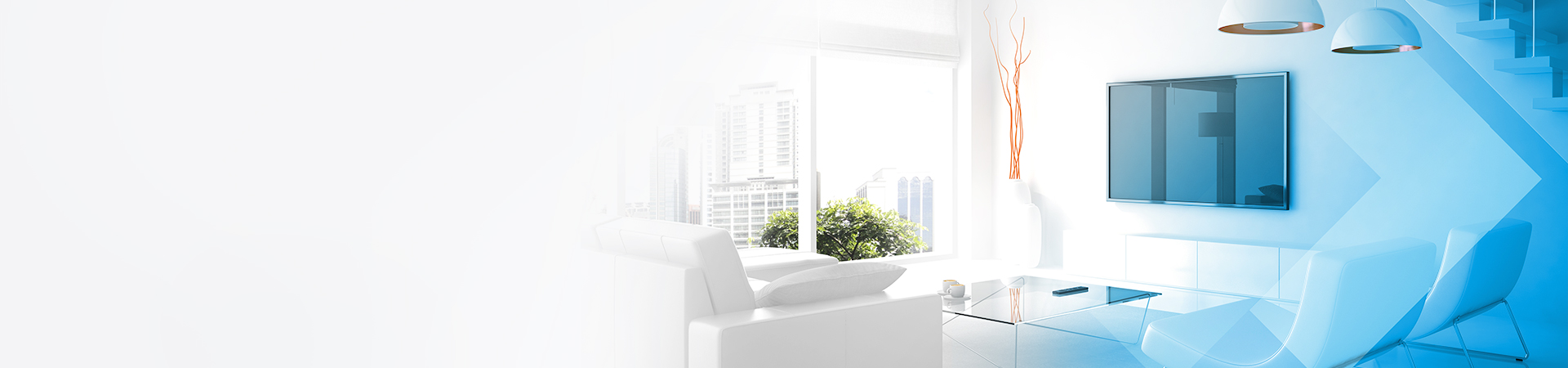 Wohnzimmer, TV-Wand, Glas-Tisch, Weiße Möbel, Stadtansicht