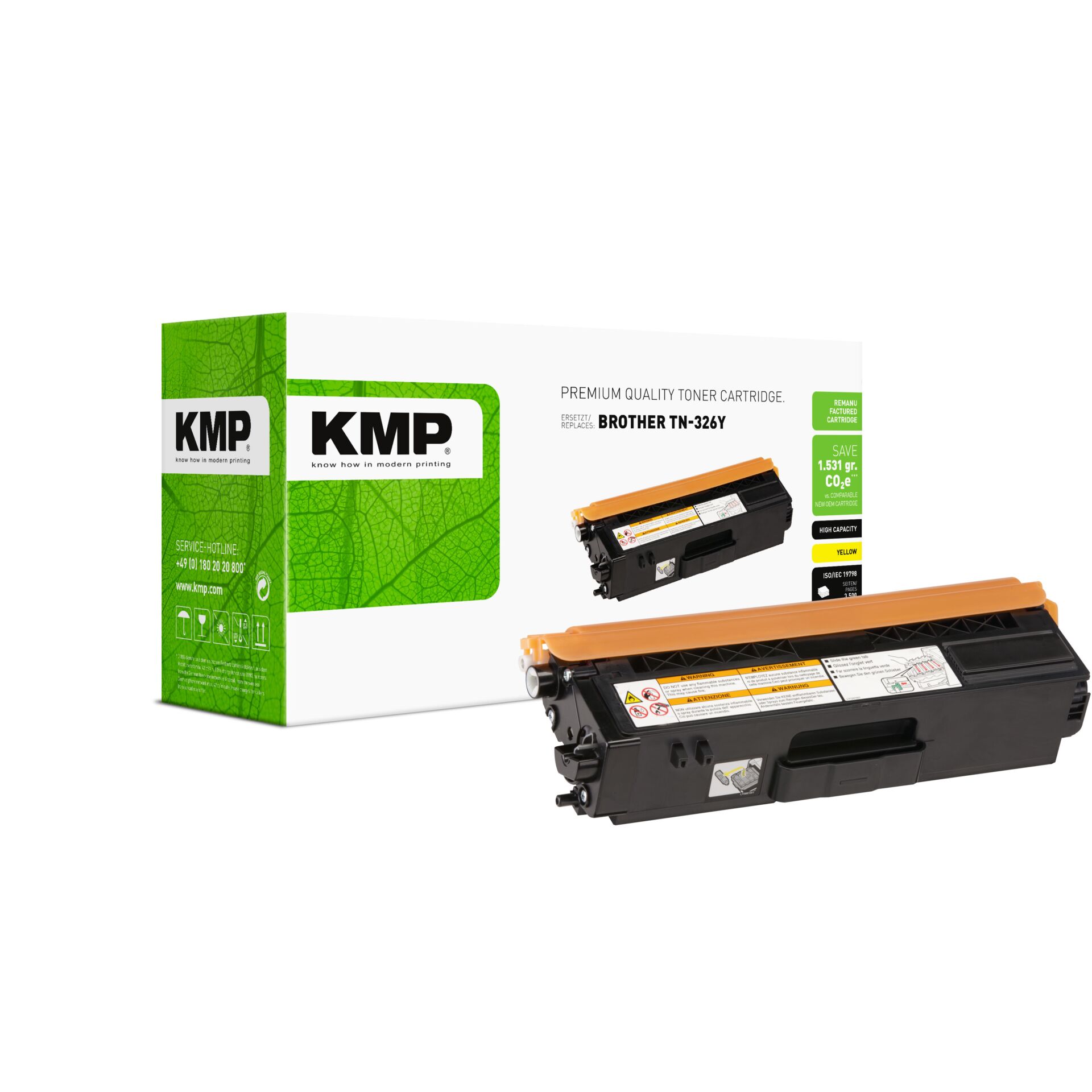 Computerausrüstung, Elektronik, Hardware, Adapter, Tonerpatrone, Grüne Verpackung, Schwarze Patrone, Orangene Abdeckung, KMP Kartusche
