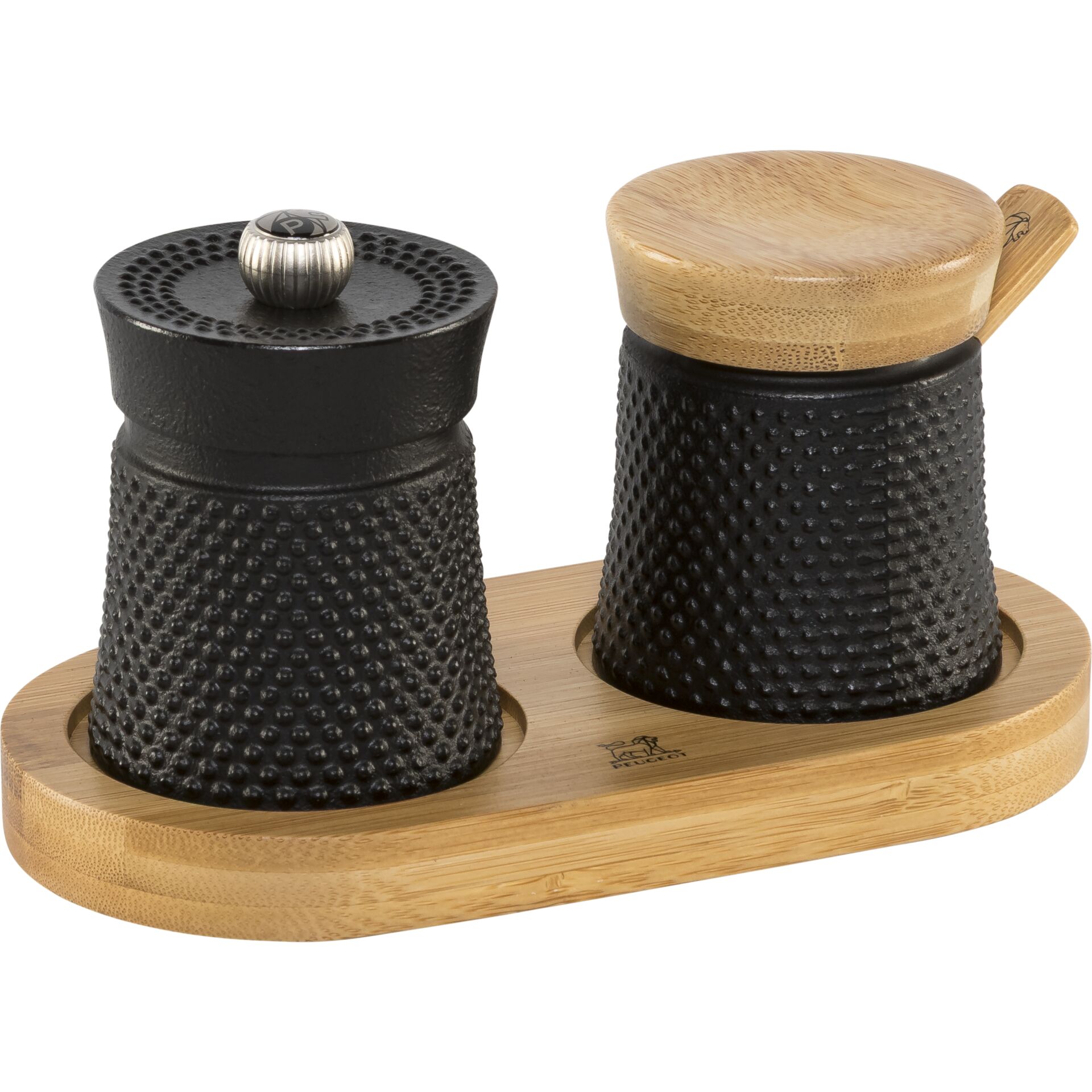 Peugeot Bali Fonte Pfeffermühle  Salzstreuer+ Tray 8cm BLACK